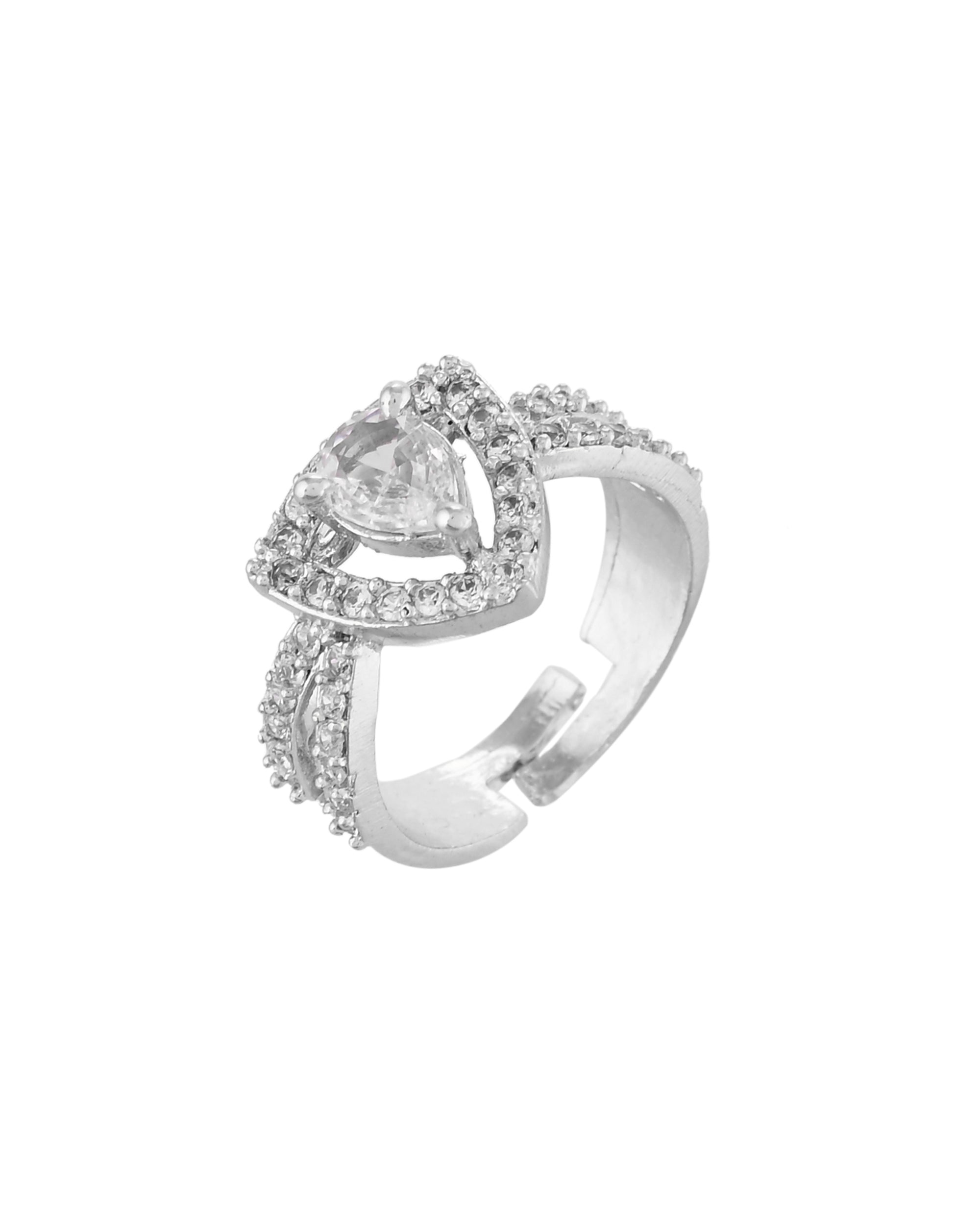VOJ Silver-Plated AD-Stone-Studded Adjustable Finger Ring