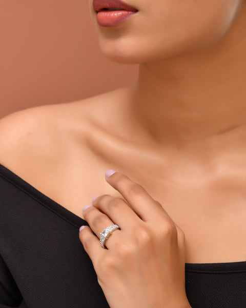 VOJ Silver Plated Cubic Zirconia Studded Finger Ring