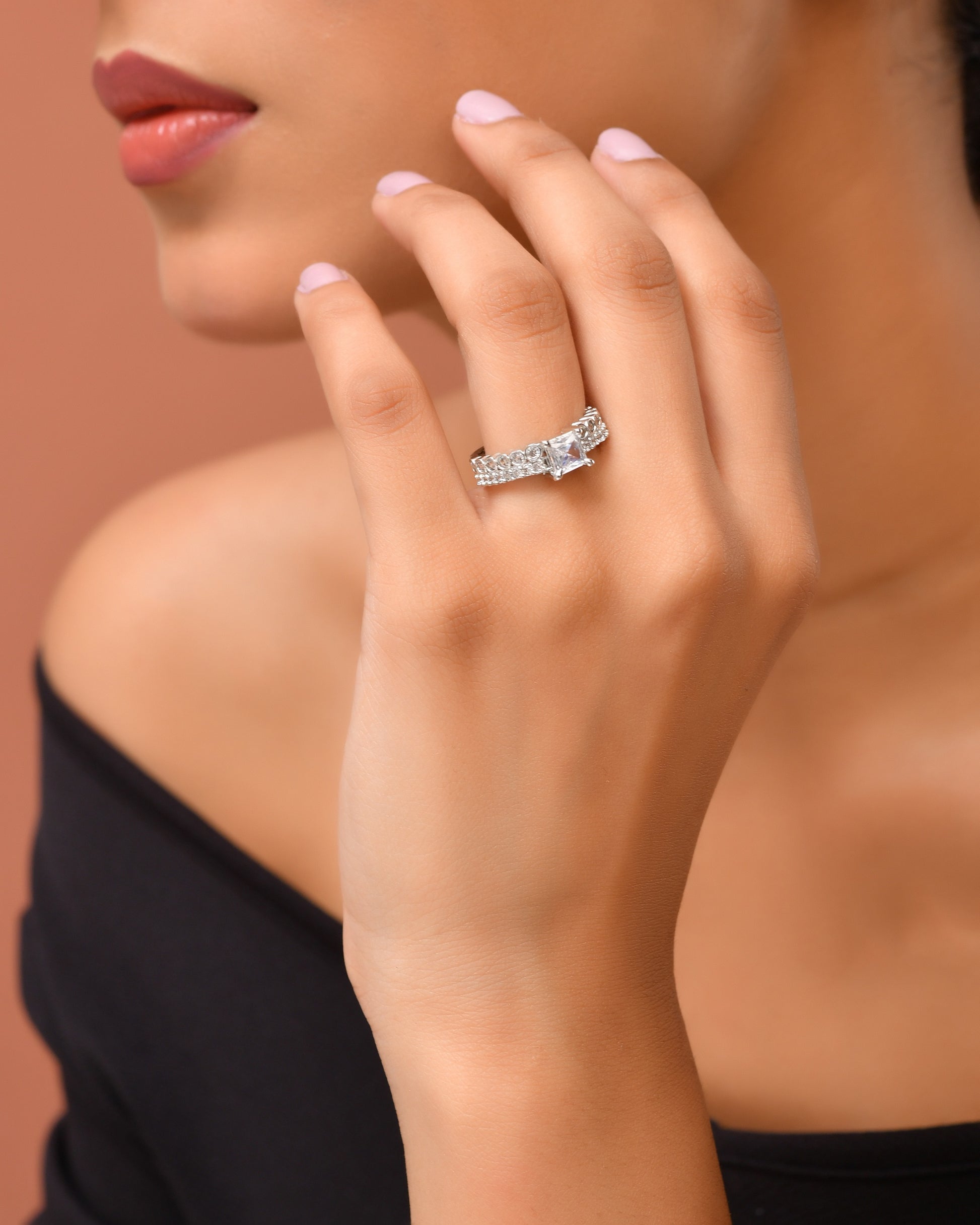 VOJ Silver Plated Cubic Zirconia Studded Finger Ring - Dista