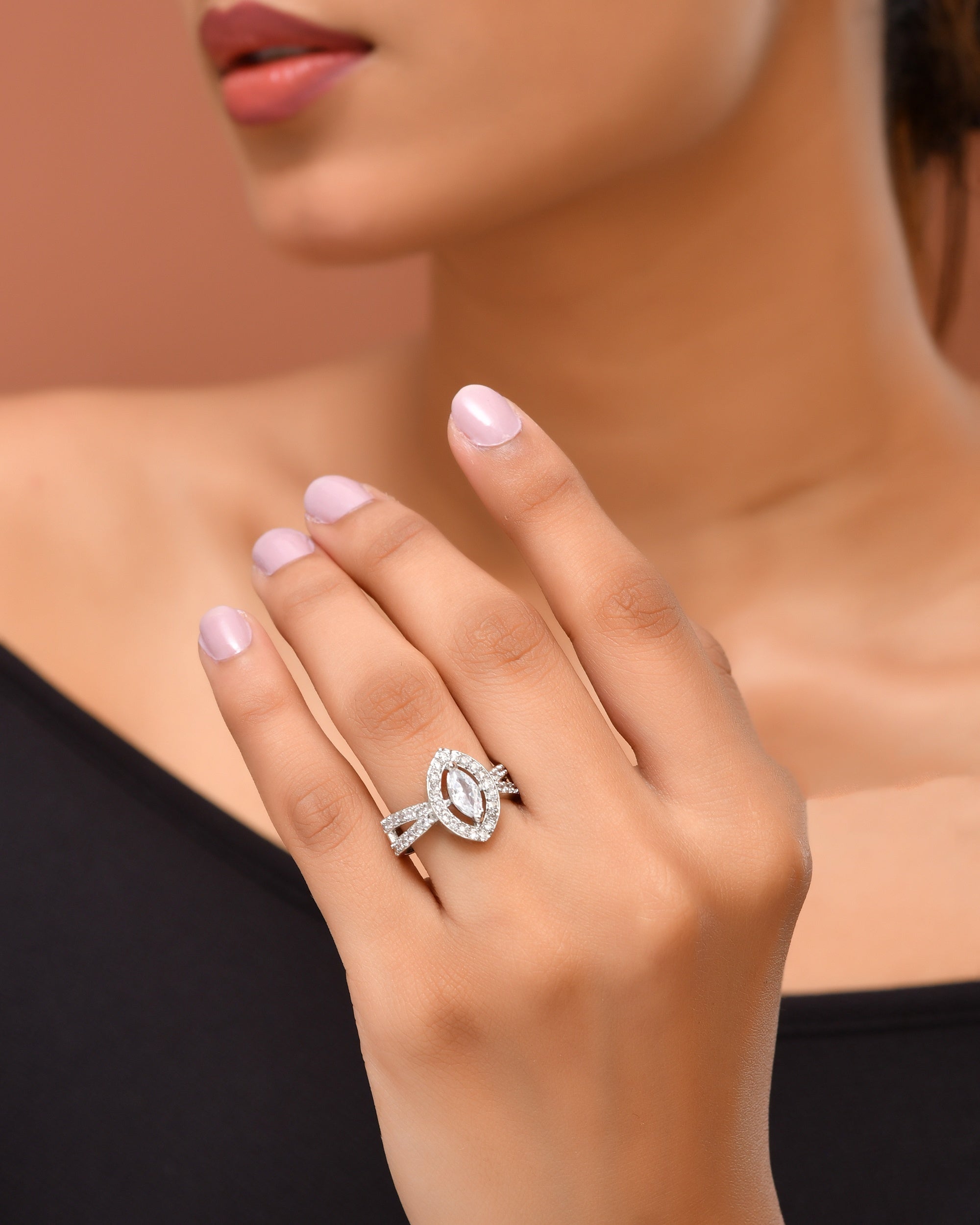 VOJ Silver-Plated Cubic Zirconia Studded Adjustable Finger Ring