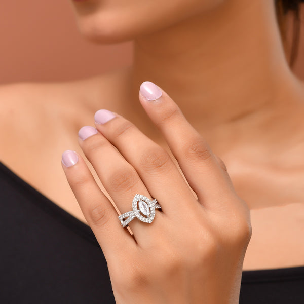 VOJ Silver-Plated Cubic Zirconia Studded Adjustable Finger Ring