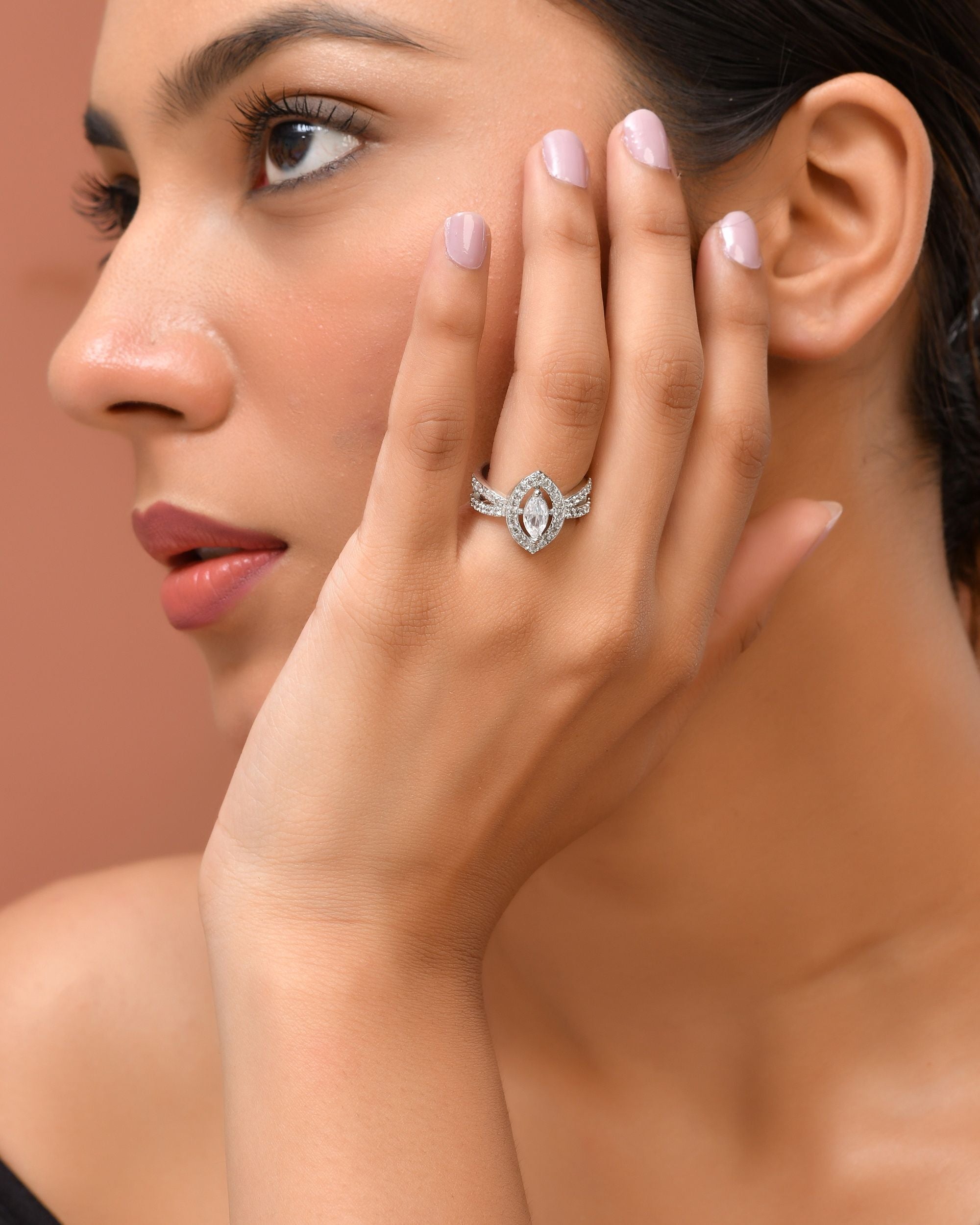 VOJ Silver-Plated Cubic Zirconia Studded Adjustable Finger Ring