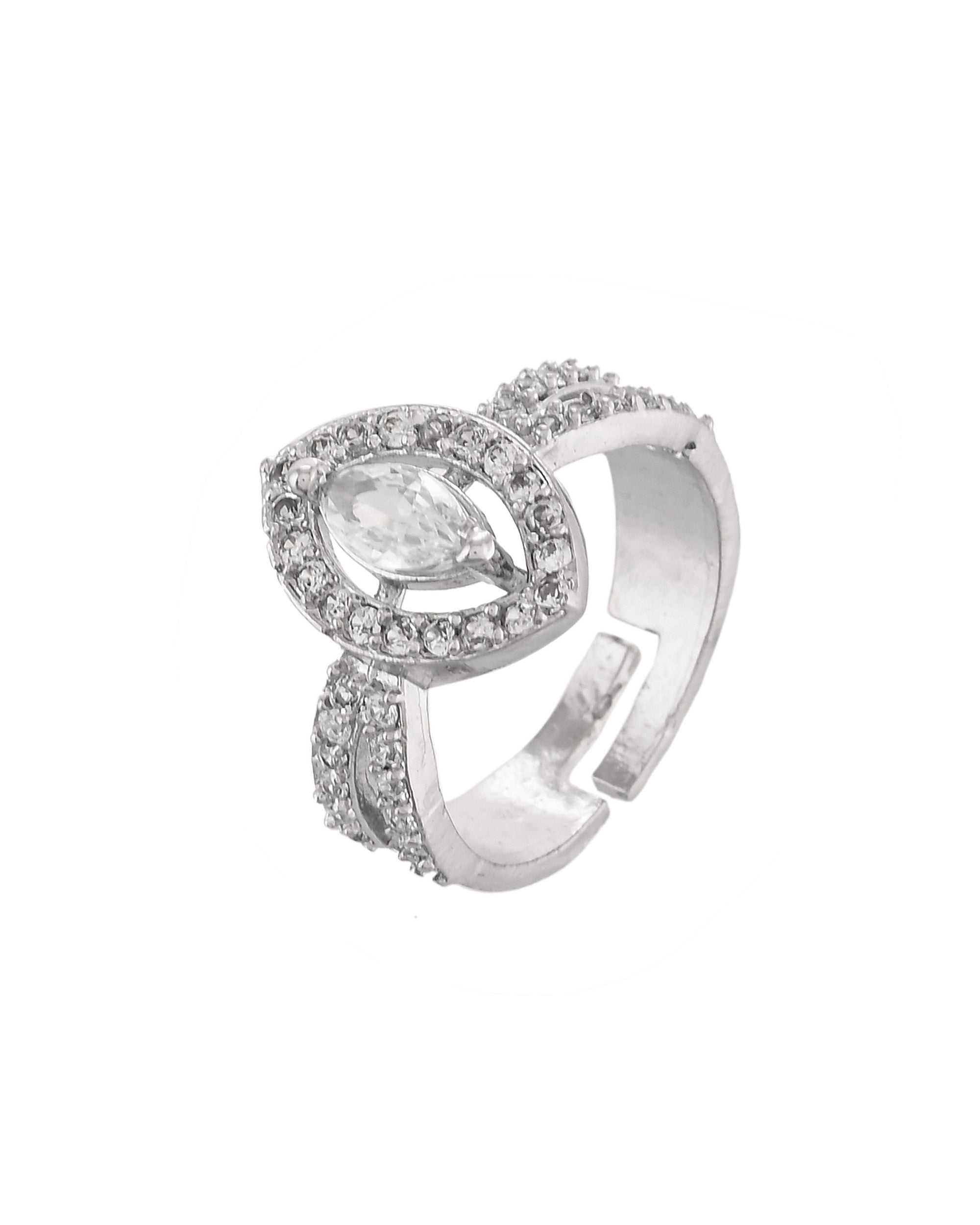 VOJ Silver-Plated Cubic Zirconia Studded Adjustable Finger Ring