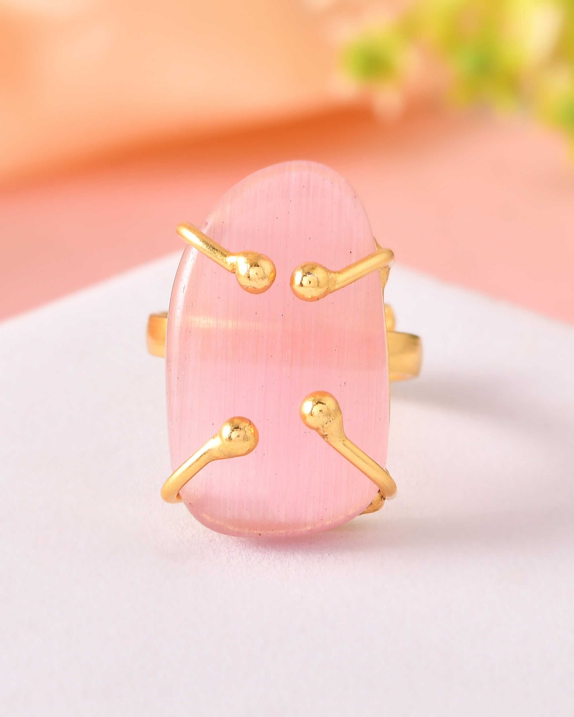VOJ Stainless Steel Gold Polished Stone-Studded Adjustable Finger Ring