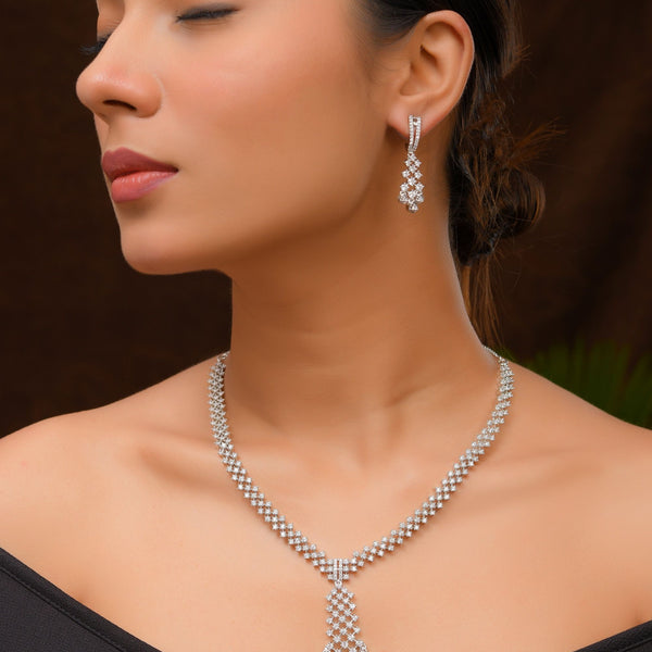 VOJ Silver Plated CZ- Stone Studded Designer Jewellery Set