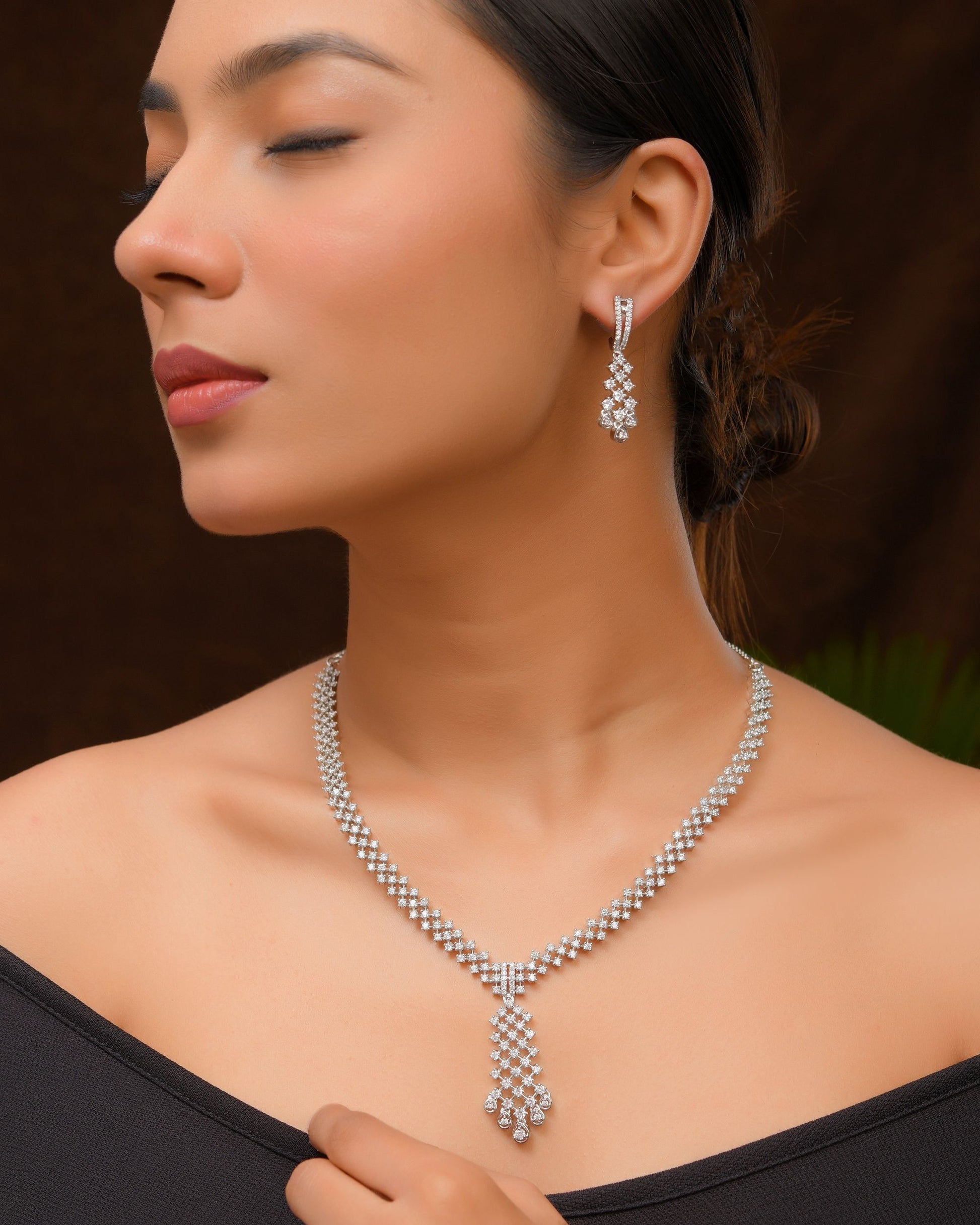 VOJ Silver Plated CZ- Stone Studded Designer Jewellery Set - Dista