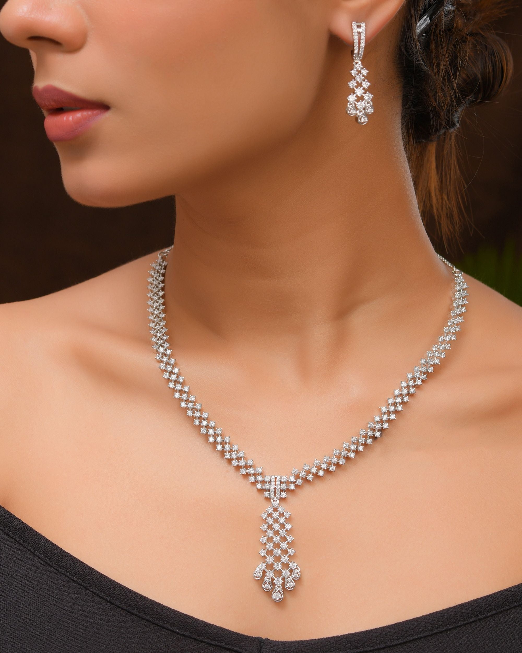 VOJ Silver Plated CZ- Stone Studded Designer Jewellery Set