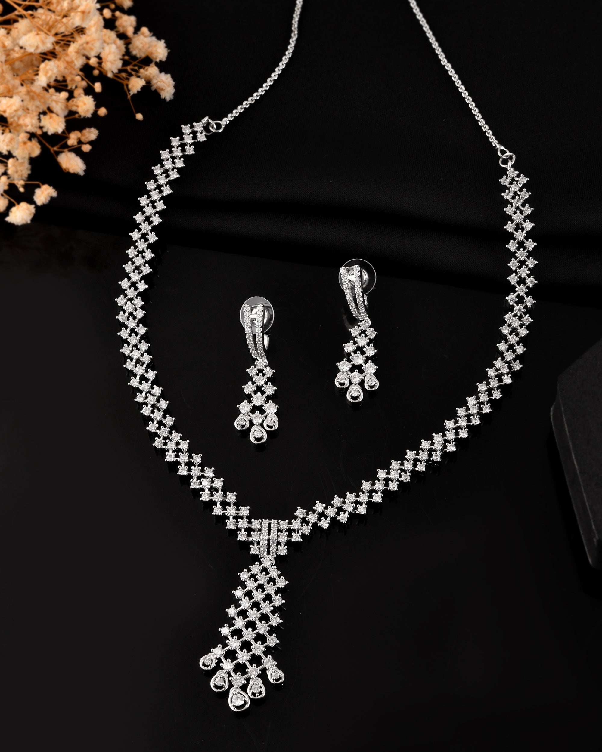 VOJ Silver Plated CZ- Stone Studded Designer Jewellery Set