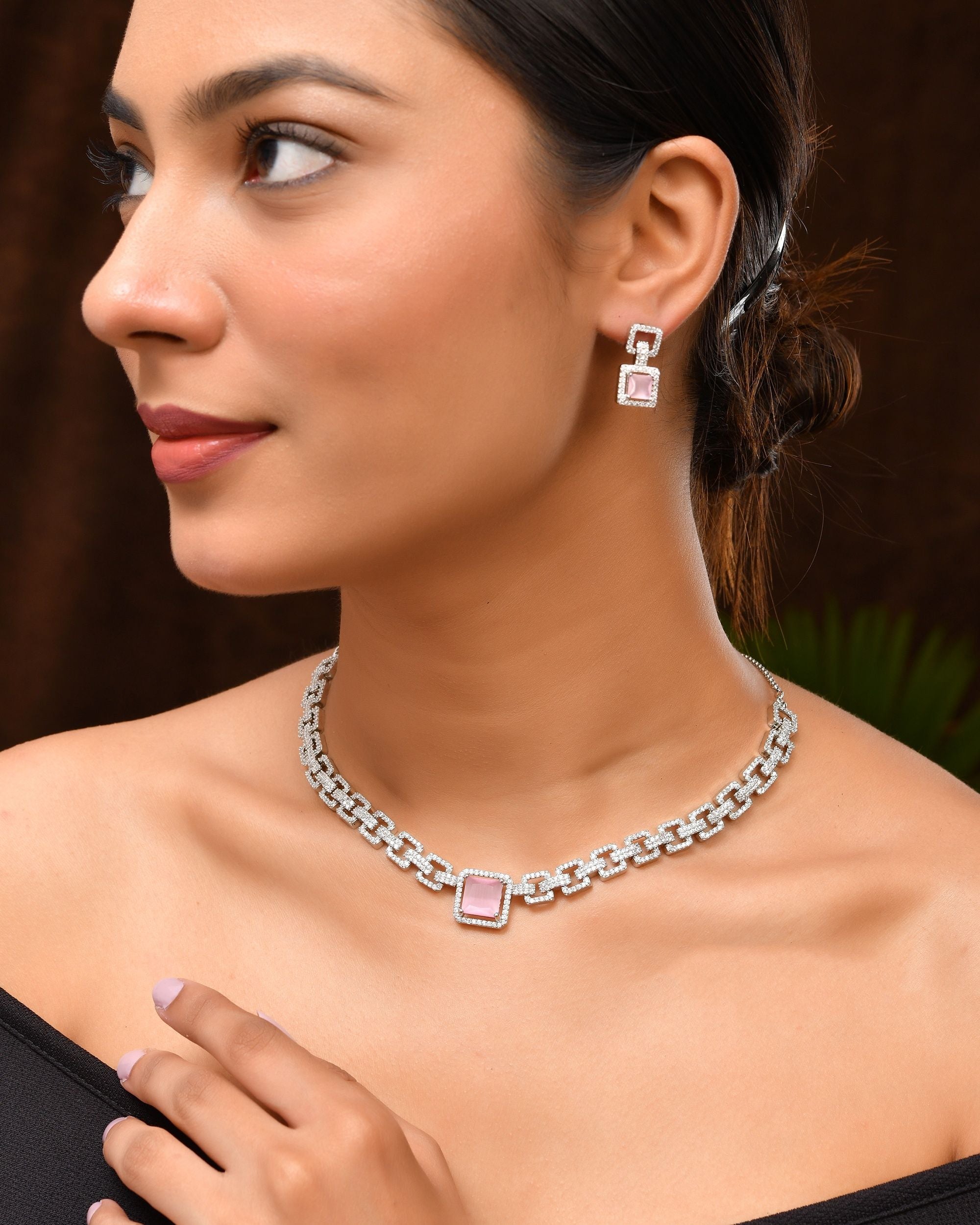 VOJ Silver Plated AD-Stone Studded Square Shaped Jewellery Set