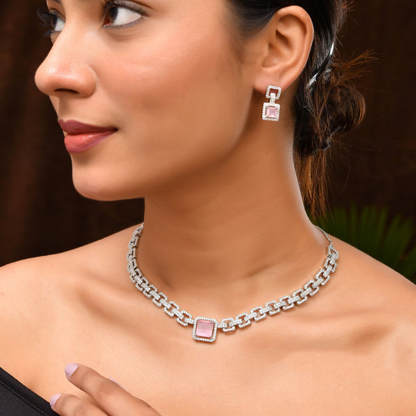 VOJ Silver Plated AD-Stone Studded Square Shaped Jewellery Set