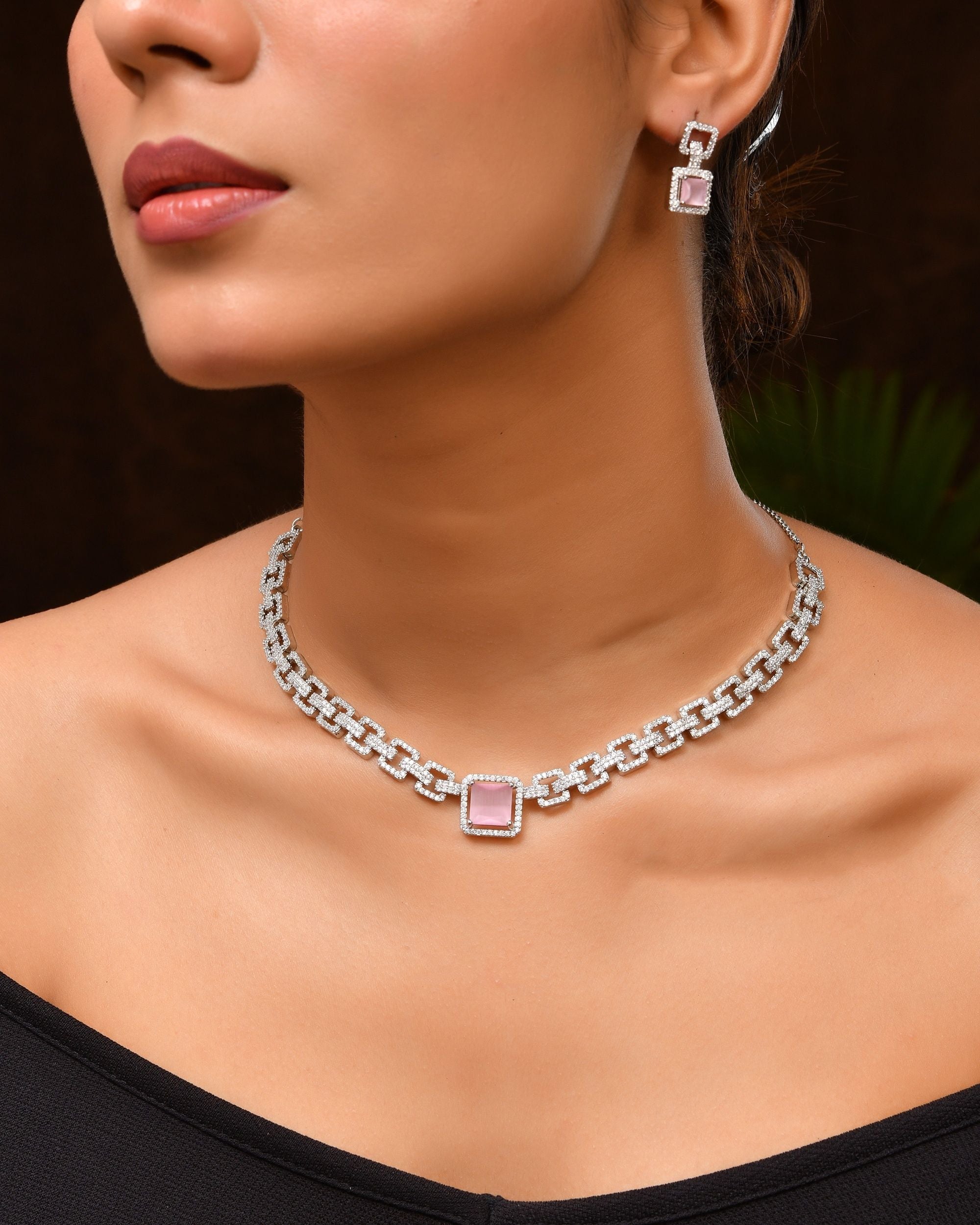 VOJ Silver Plated AD-Stone Studded Square Shaped Jewellery Set