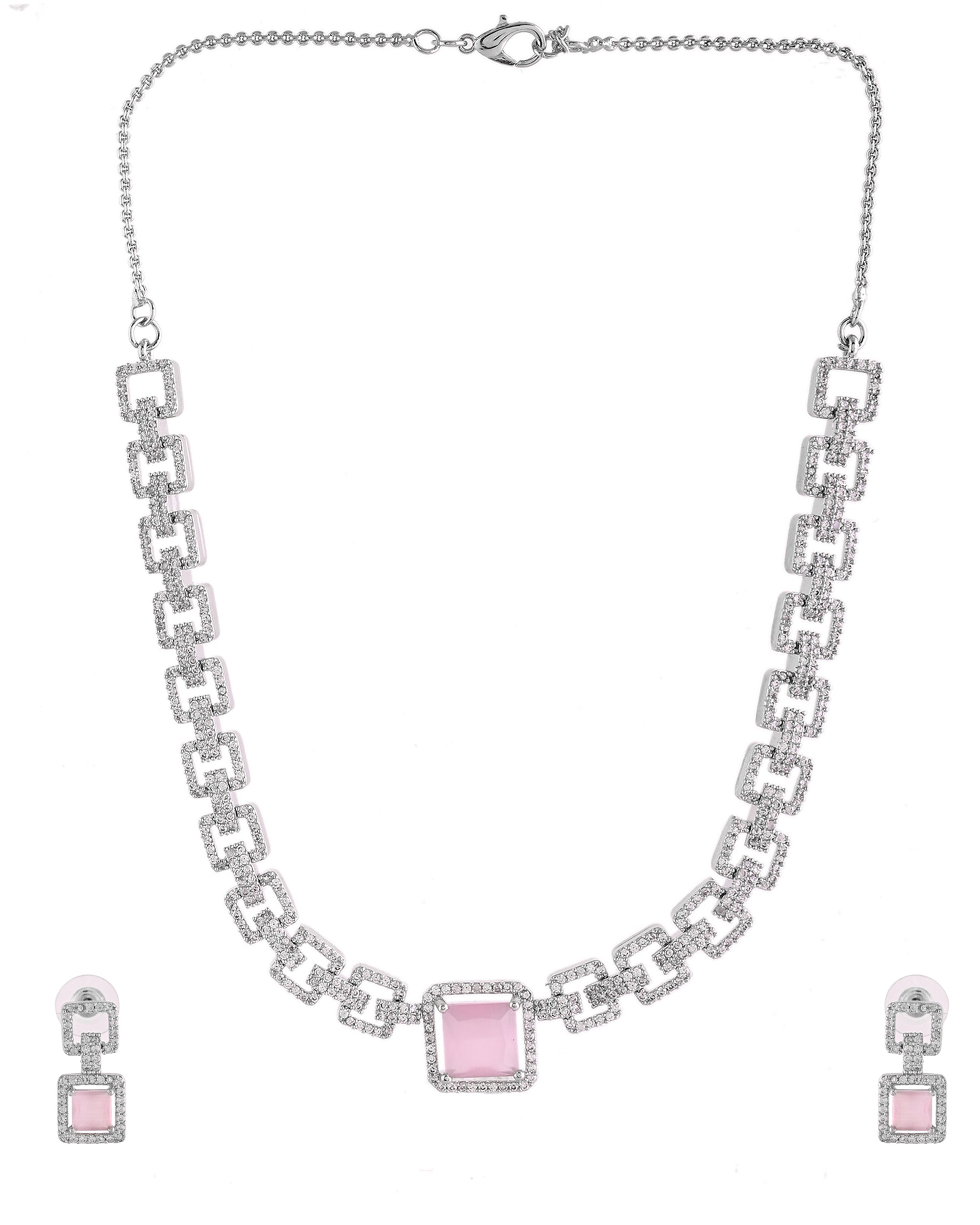 VOJ Silver Plated AD-Stone Studded Square Shaped Jewellery Set
