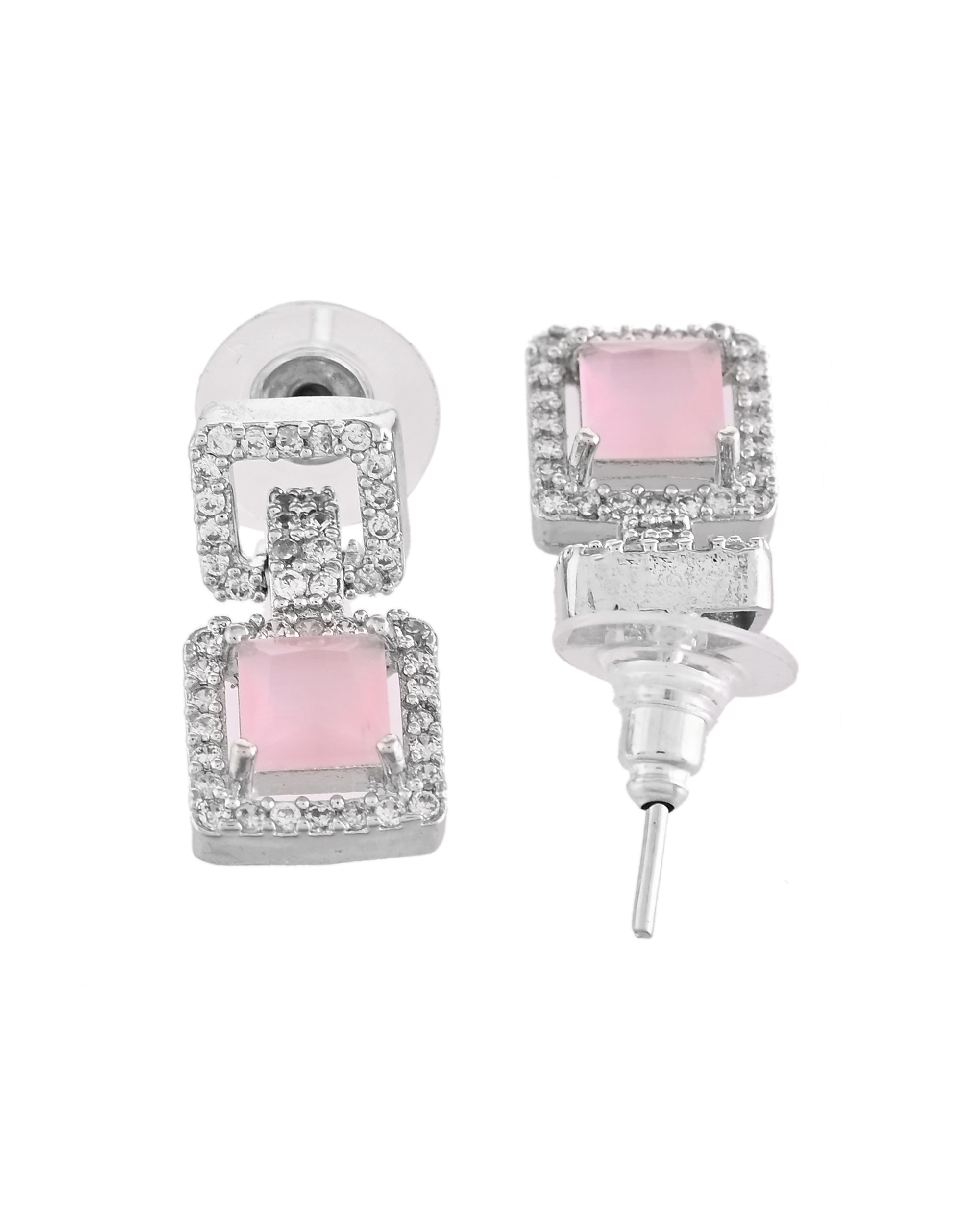 VOJ Silver Plated AD-Stone Studded Square Shaped Jewellery Set