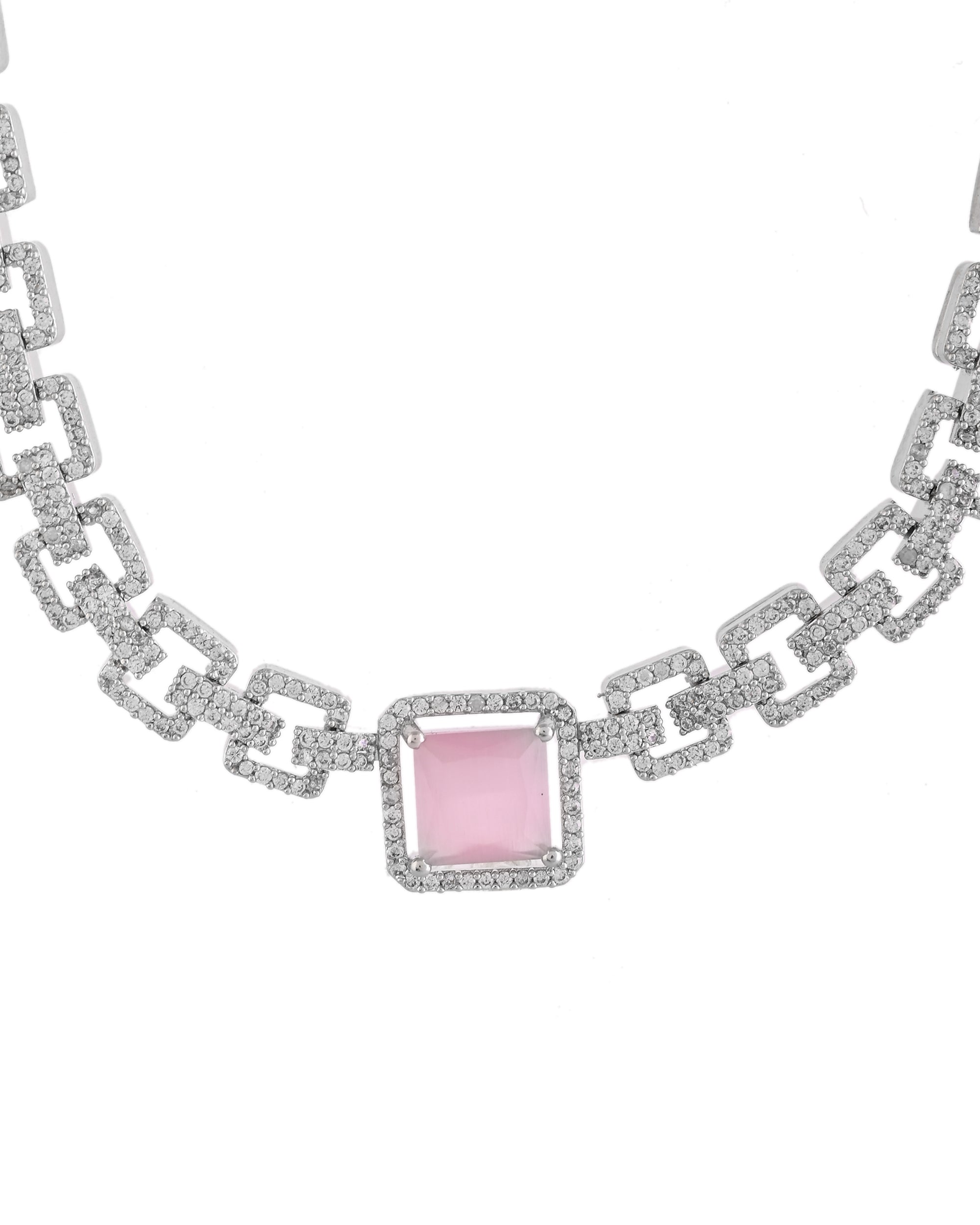 VOJ Silver Plated AD-Stone Studded Square Shaped Jewellery Set