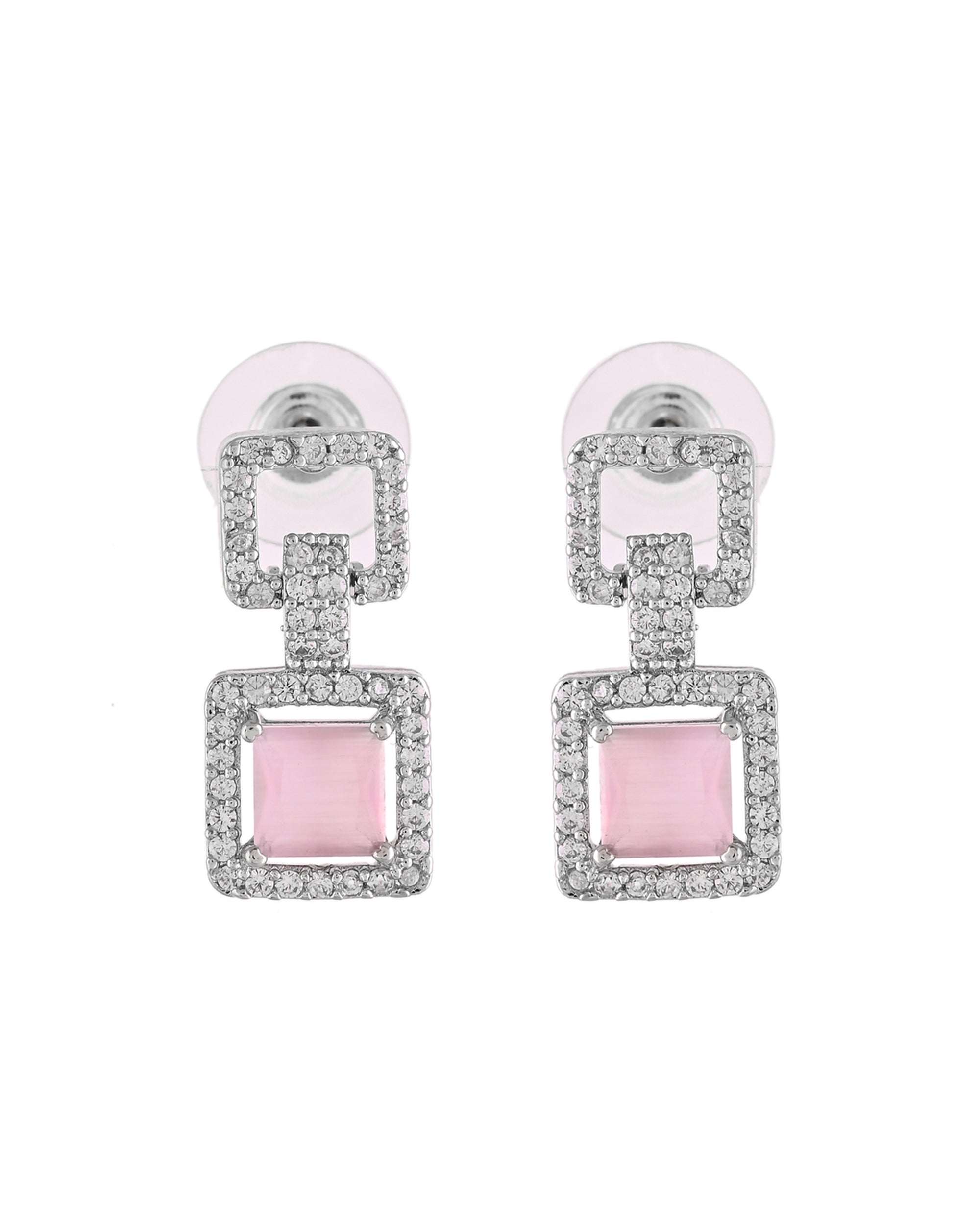 VOJ Silver Plated AD-Stone Studded Square Shaped Jewellery Set