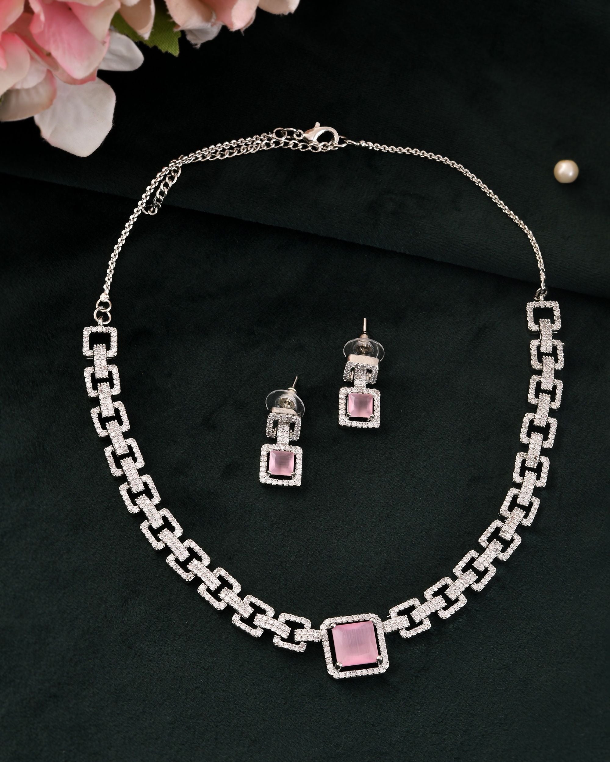 VOJ Silver Plated AD-Stone Studded Square Shaped Jewellery Set