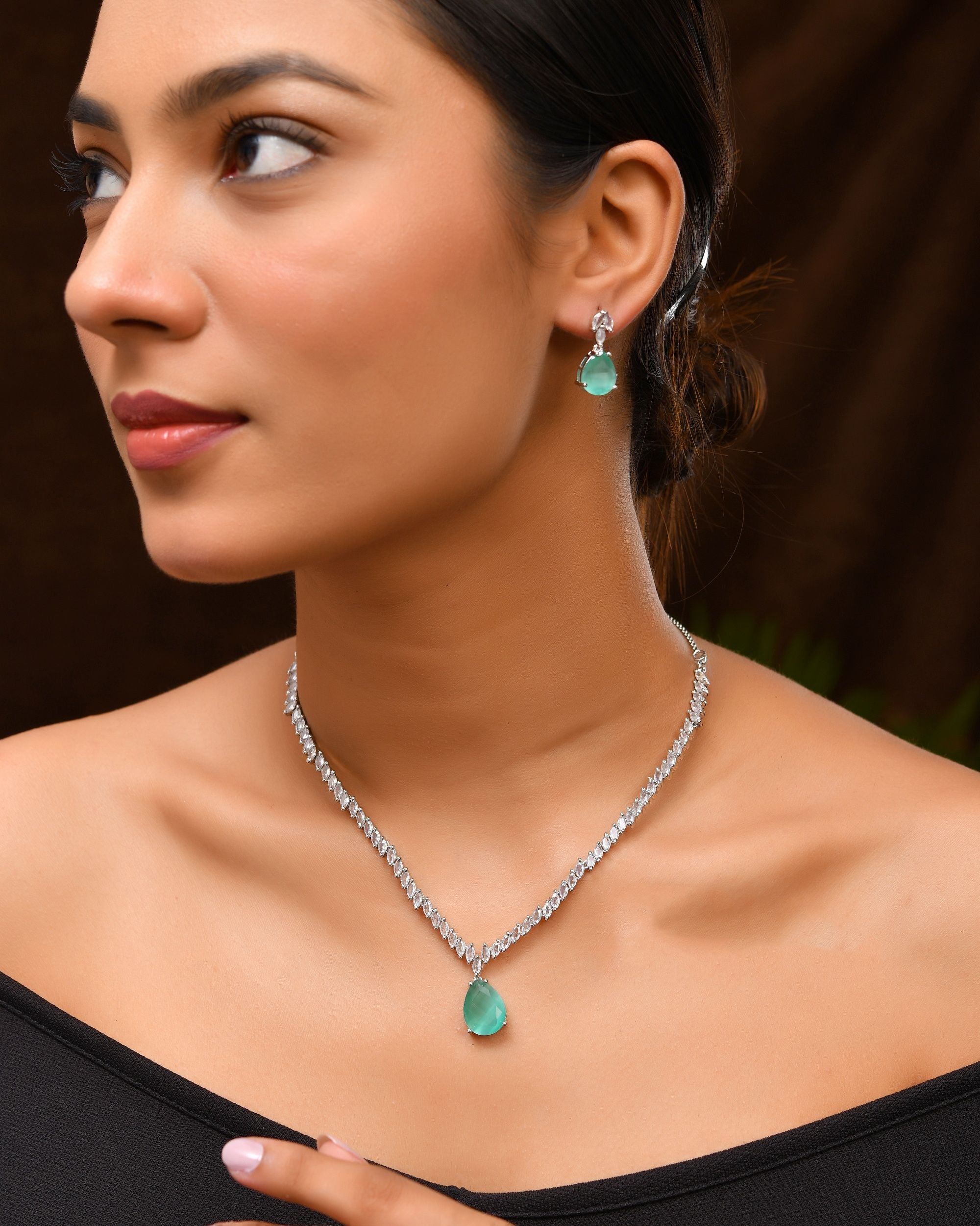 VOJ Silver Plated Sea Green Stone Studded Necklace Set