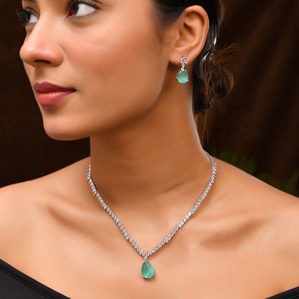 VOJ Silver Plated Sea Green Stone Studded Necklace Set
