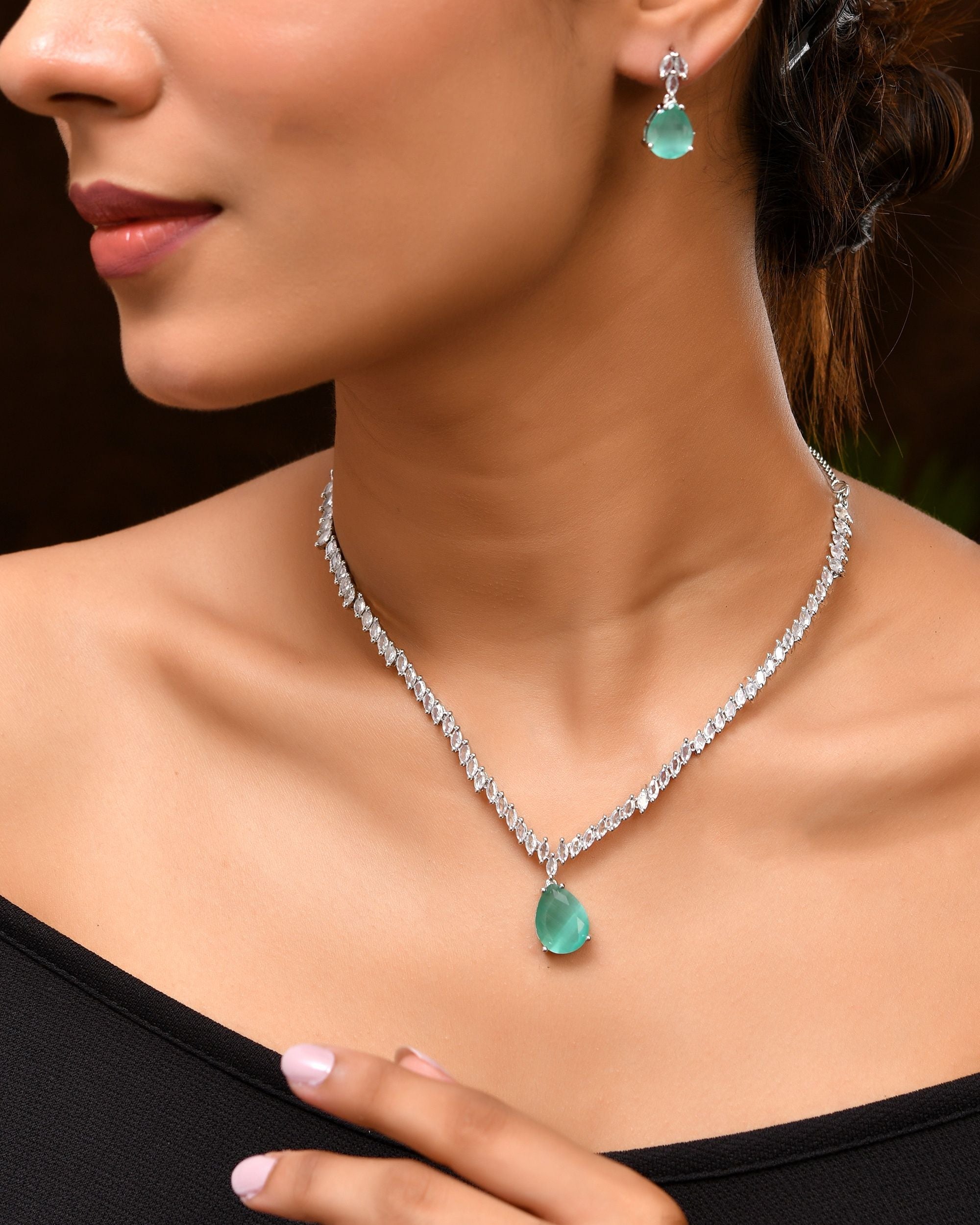 VOJ Silver Plated Sea Green Stone Studded Necklace Set