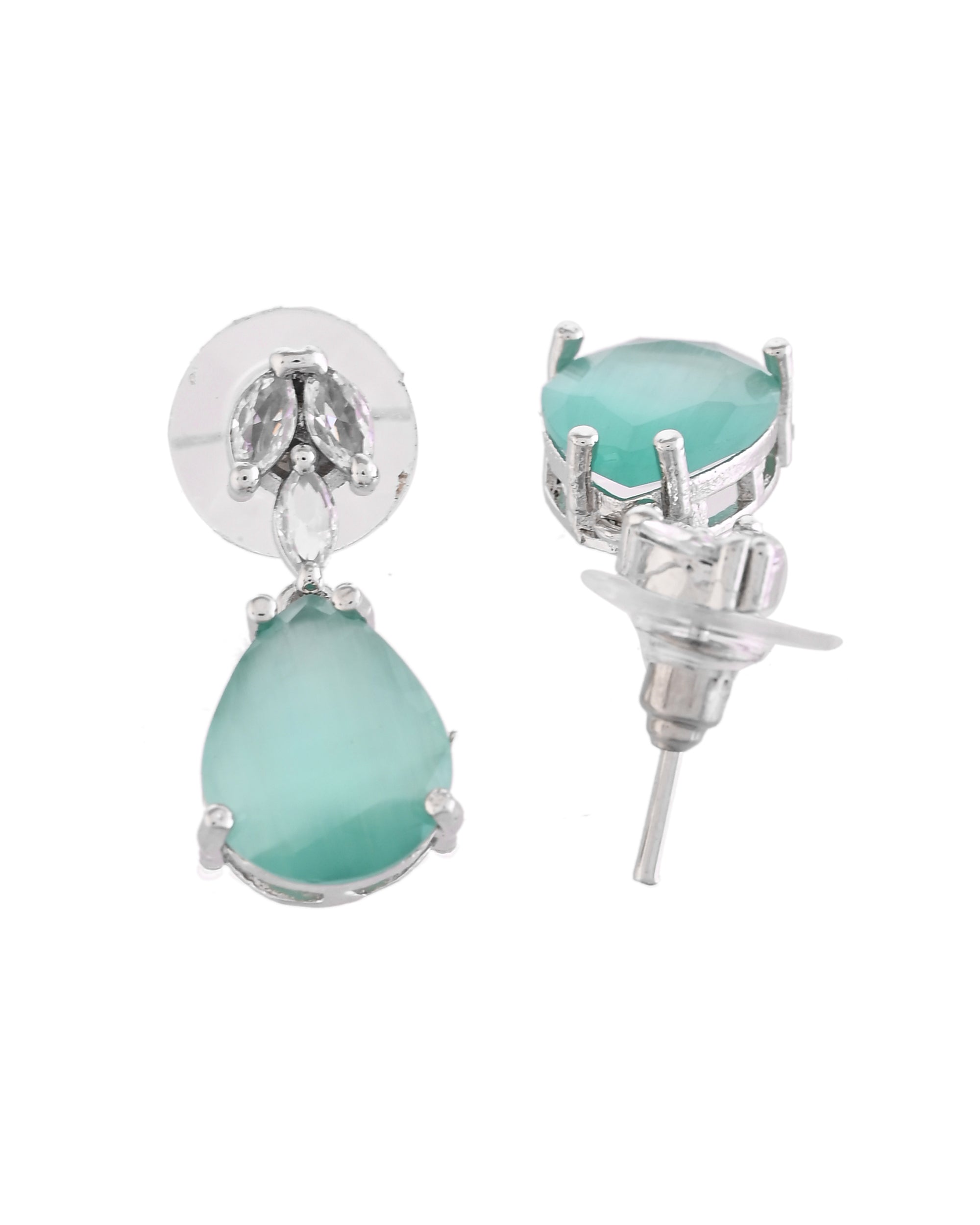 VOJ Silver Plated Sea Green Stone Studded Necklace Set