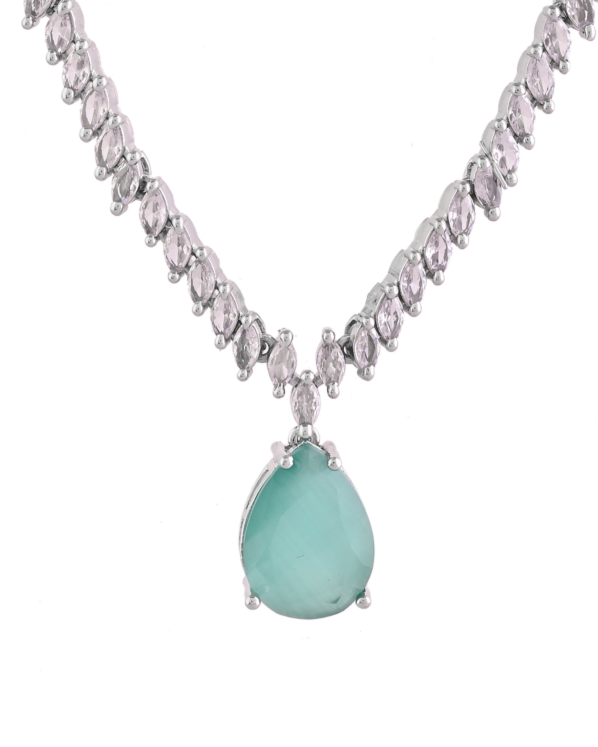VOJ Silver Plated Sea Green Stone Studded Necklace Set