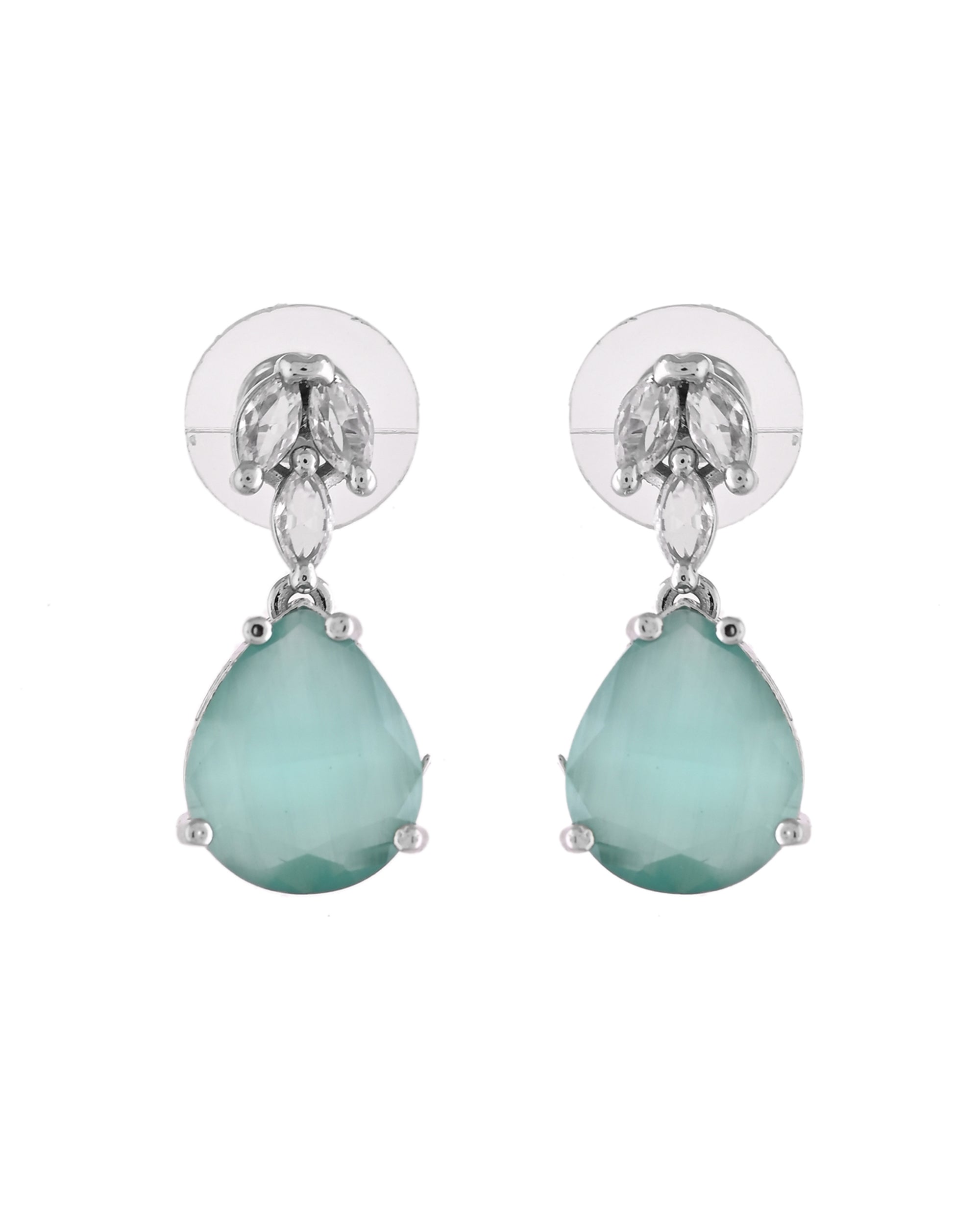 VOJ Silver Plated Sea Green Stone Studded Necklace Set