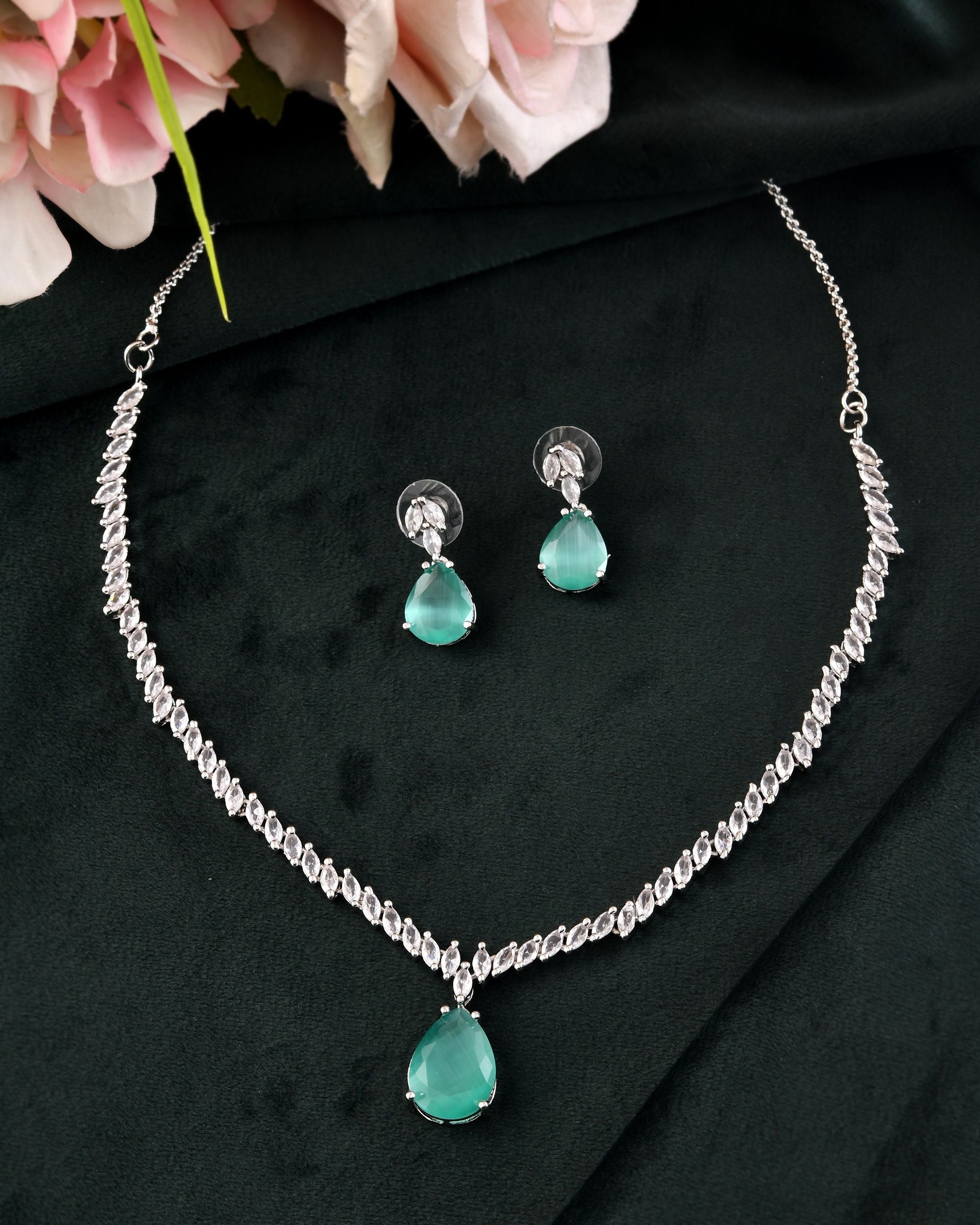 VOJ Silver Plated Sea Green Stone Studded Necklace Set