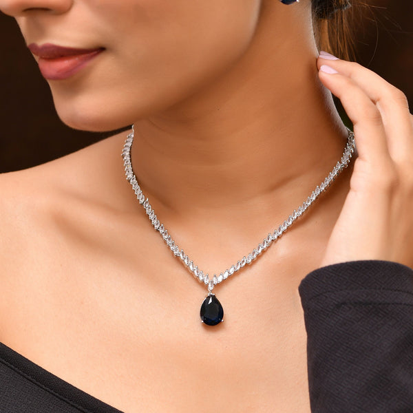 VOJ Silver Plated Blue Stone Studded Necklace Set