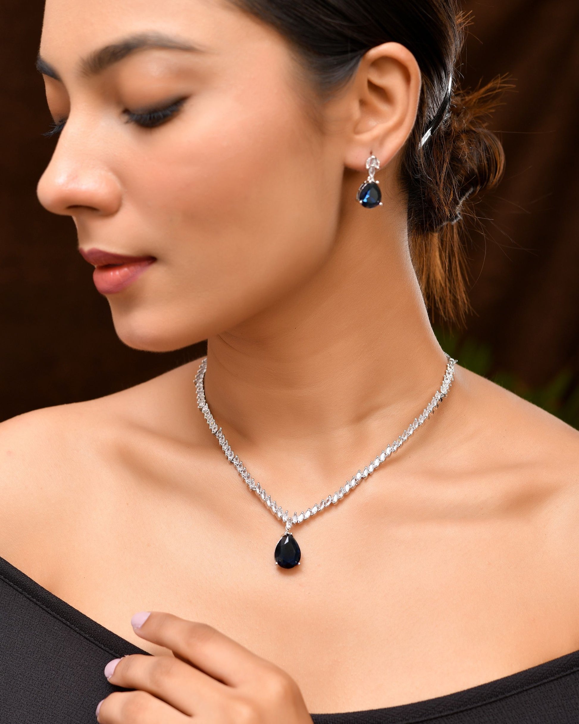 VOJ Silver Plated Blue Stone Studded Necklace Set - Dista