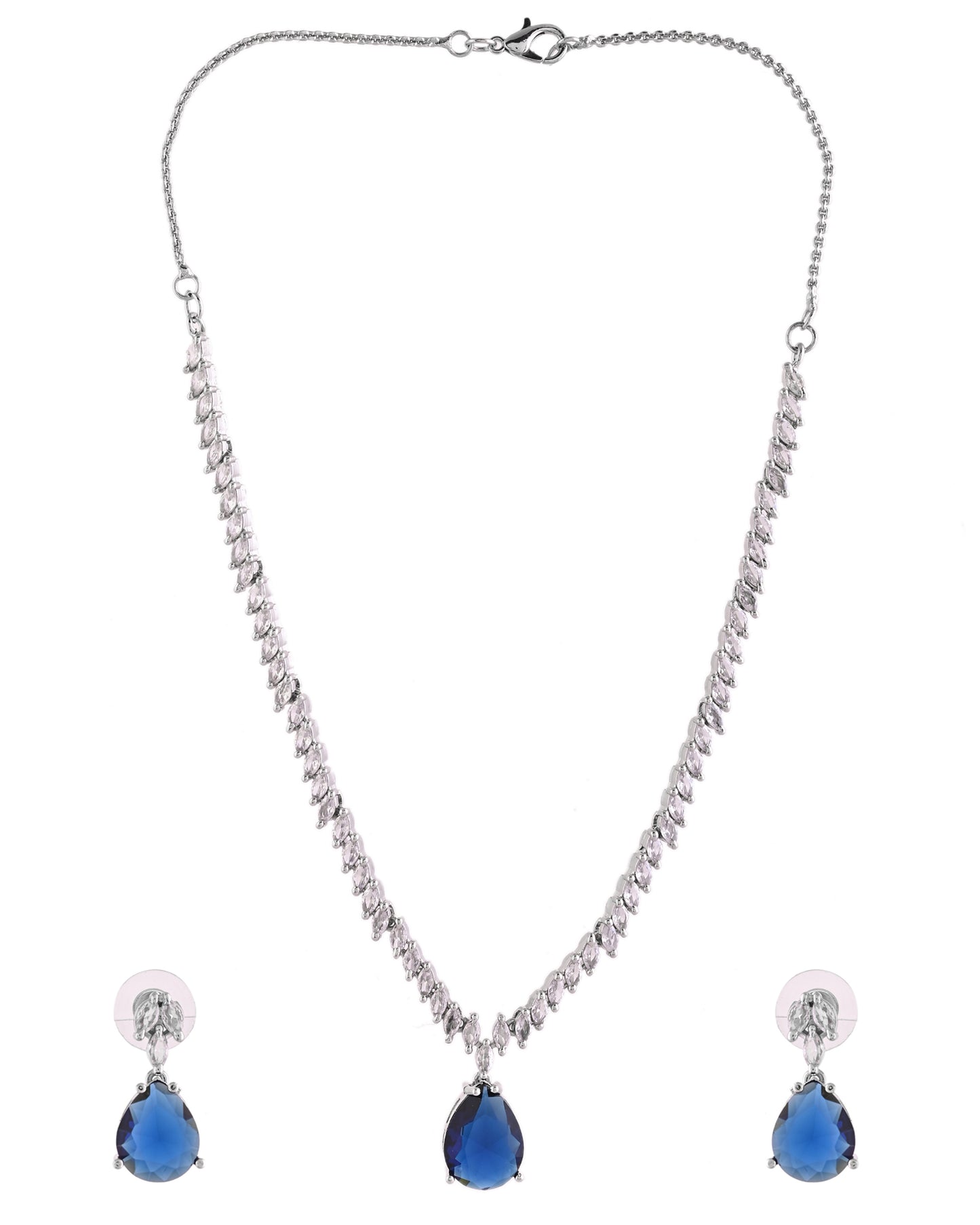 VOJ Silver Plated Blue Stone Studded Necklace Set - Dista