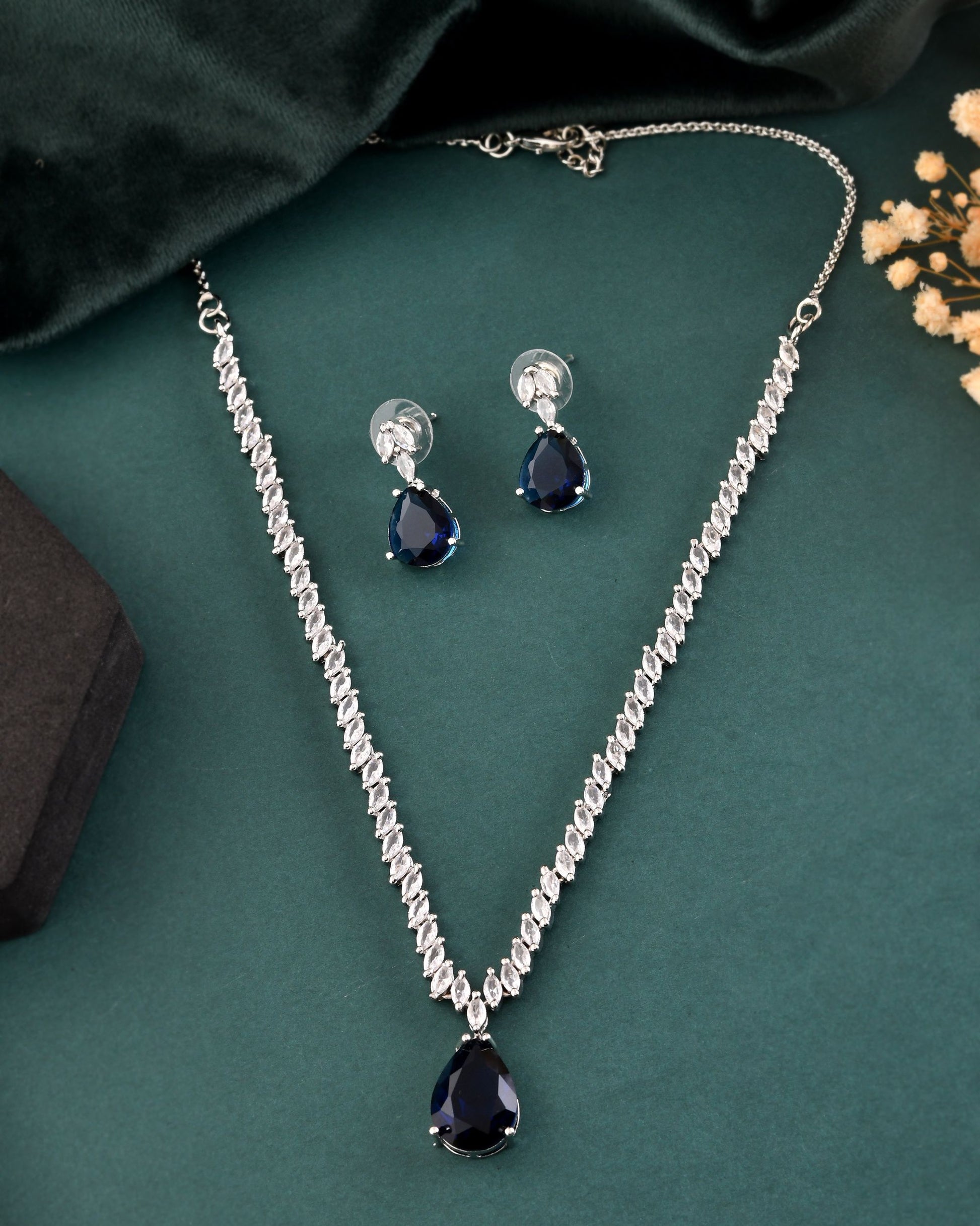 VOJ Silver Plated Blue Stone Studded Necklace Set - Dista