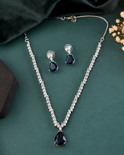 VOJ Silver Plated Blue Stone Studded Necklace Set - Dista