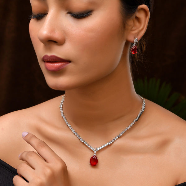 VOJ Silver Plated Red Stone Studded Necklace Set
