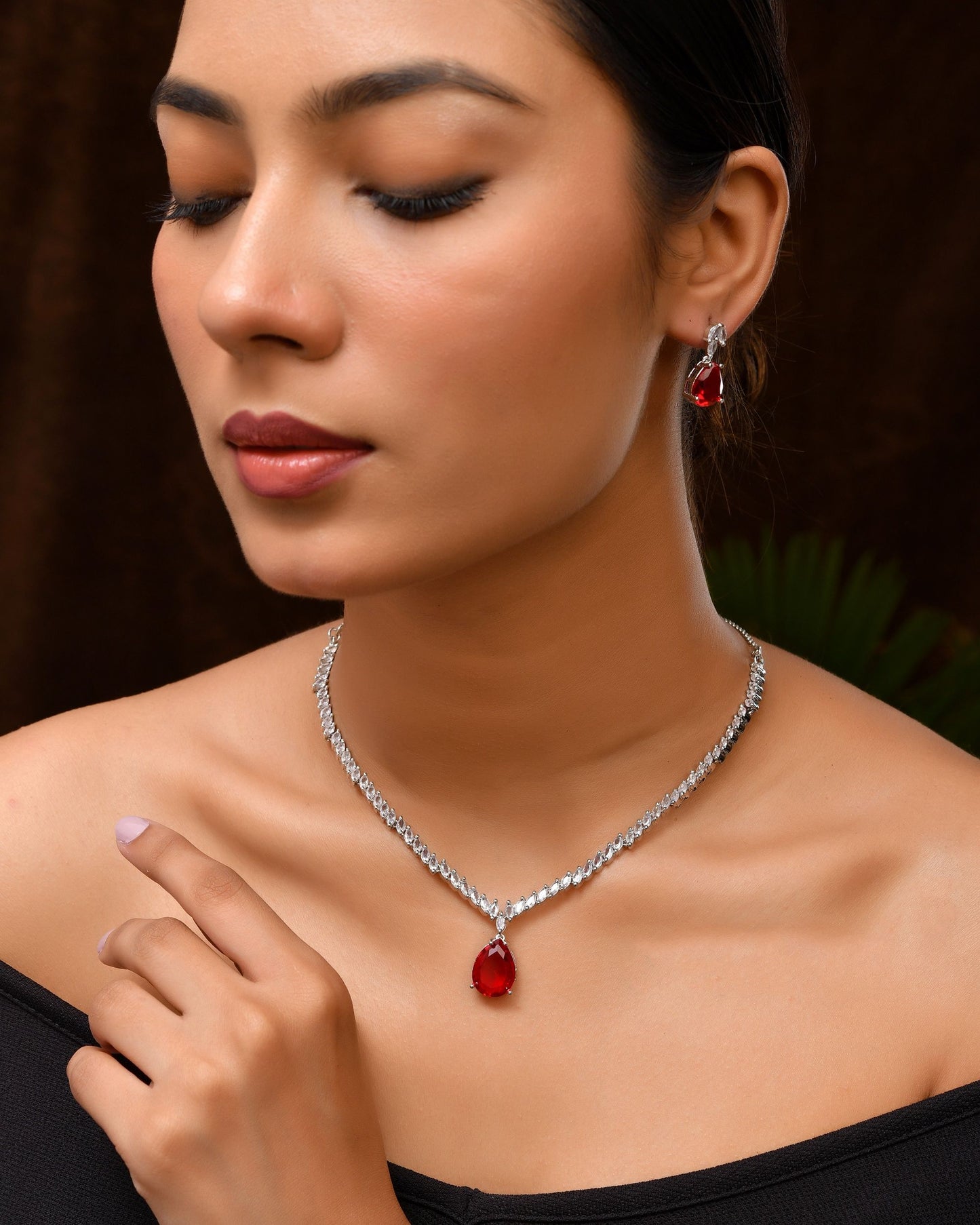 VOJ Silver Plated Red Stone Studded Necklace Set - Dista