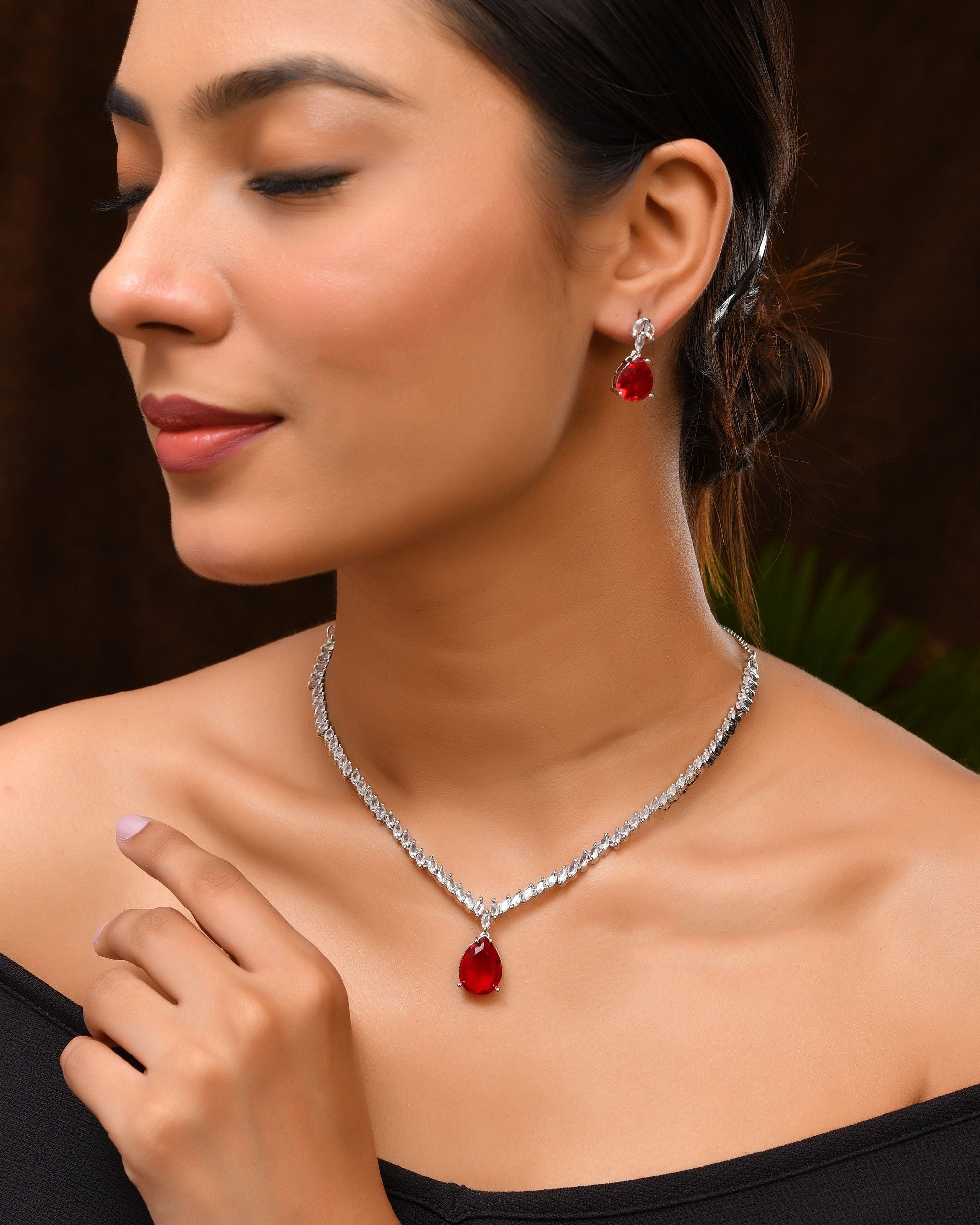 VOJ Silver Plated Red Stone Studded Necklace Set