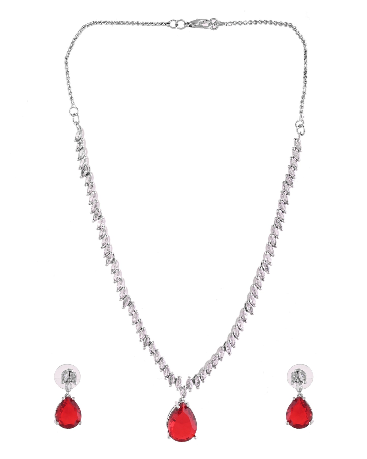 VOJ Silver Plated Red Stone Studded Necklace Set - Dista
