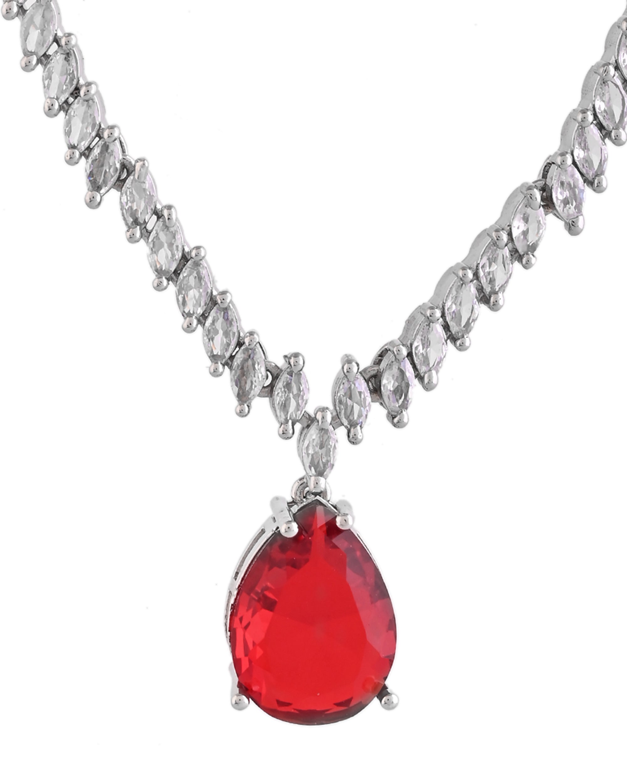 VOJ Silver Plated Red Stone Studded Necklace Set