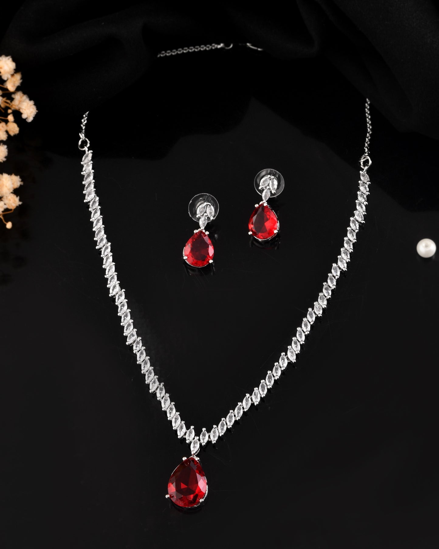 VOJ Silver Plated Red Stone Studded Necklace Set - Dista