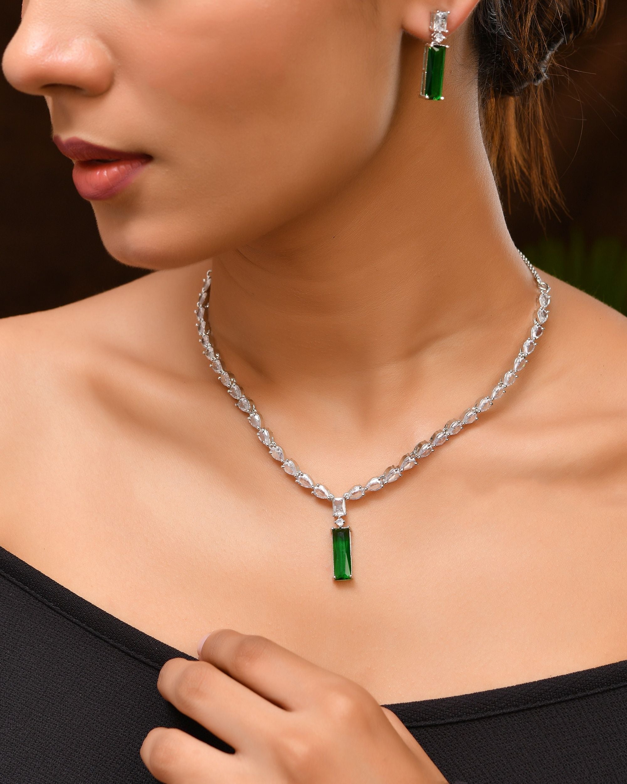 VOJ Silver Plated Green Stone Studded Necklace Set