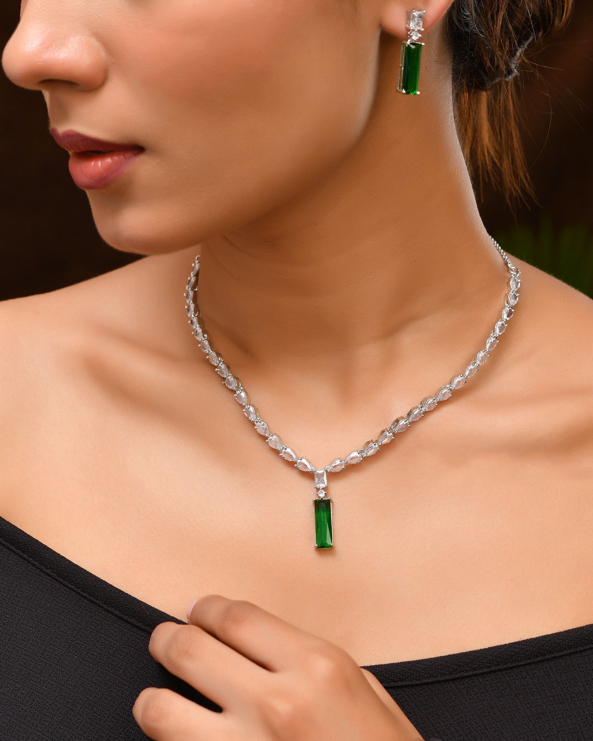 VOJ Silver Plated Green Stone Studded Necklace Set - Distacart