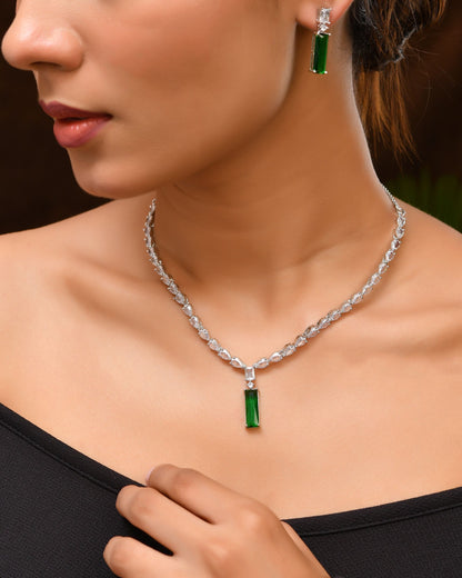 VOJ Silver Plated Green Stone Studded Necklace Set - Distacart