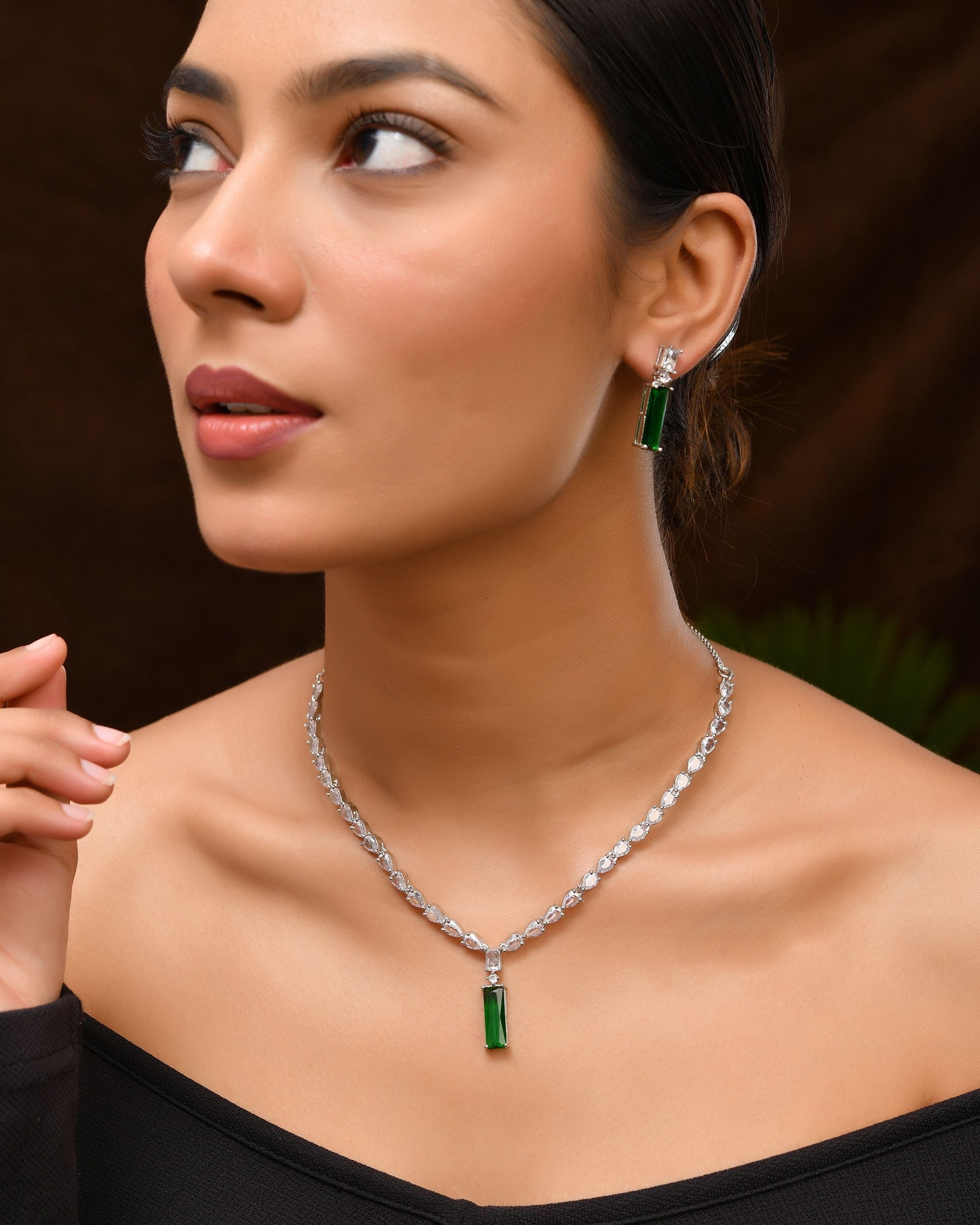 VOJ Silver Plated Green Stone Studded Necklace Set