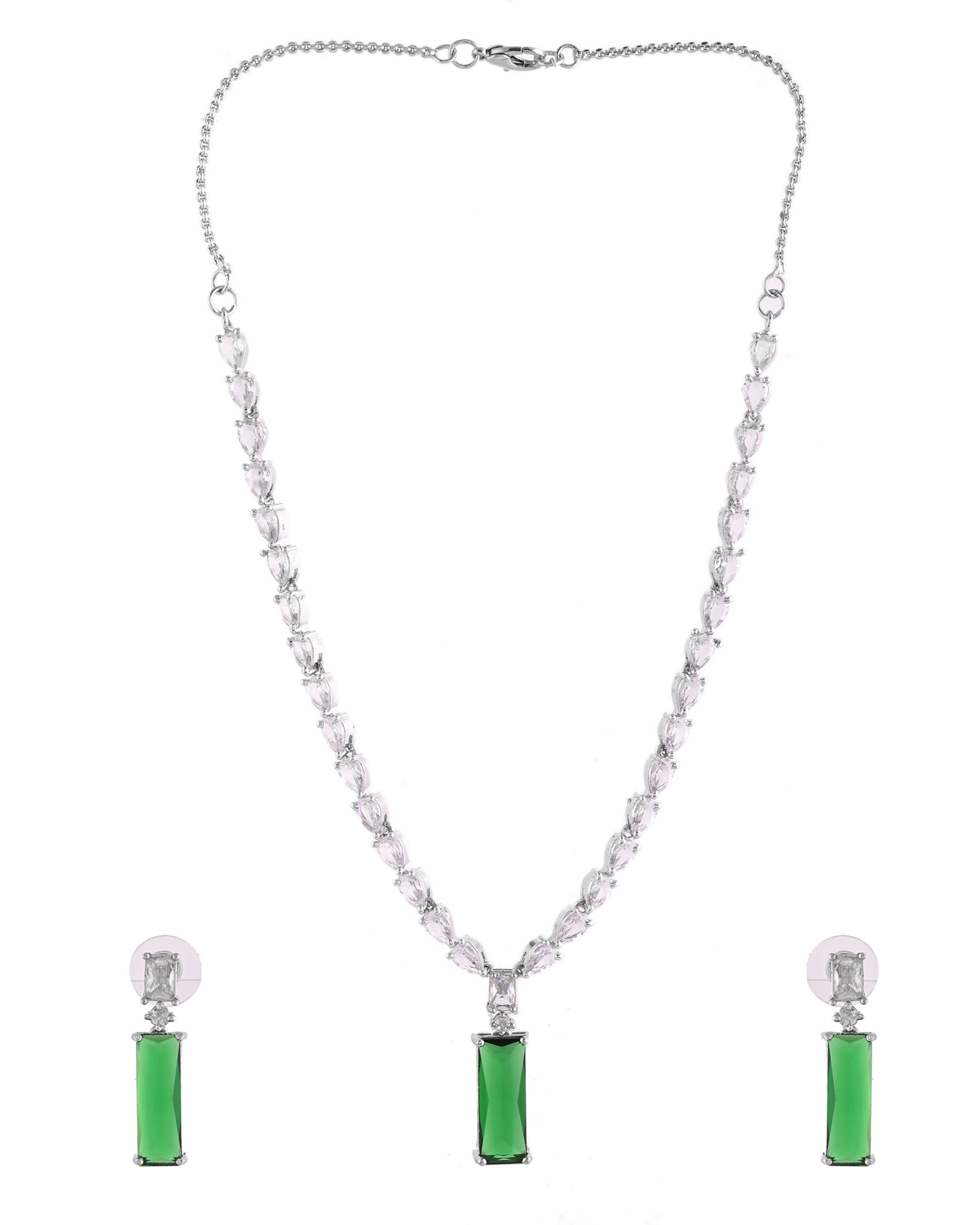 VOJ Silver Plated Green Stone Studded Necklace Set