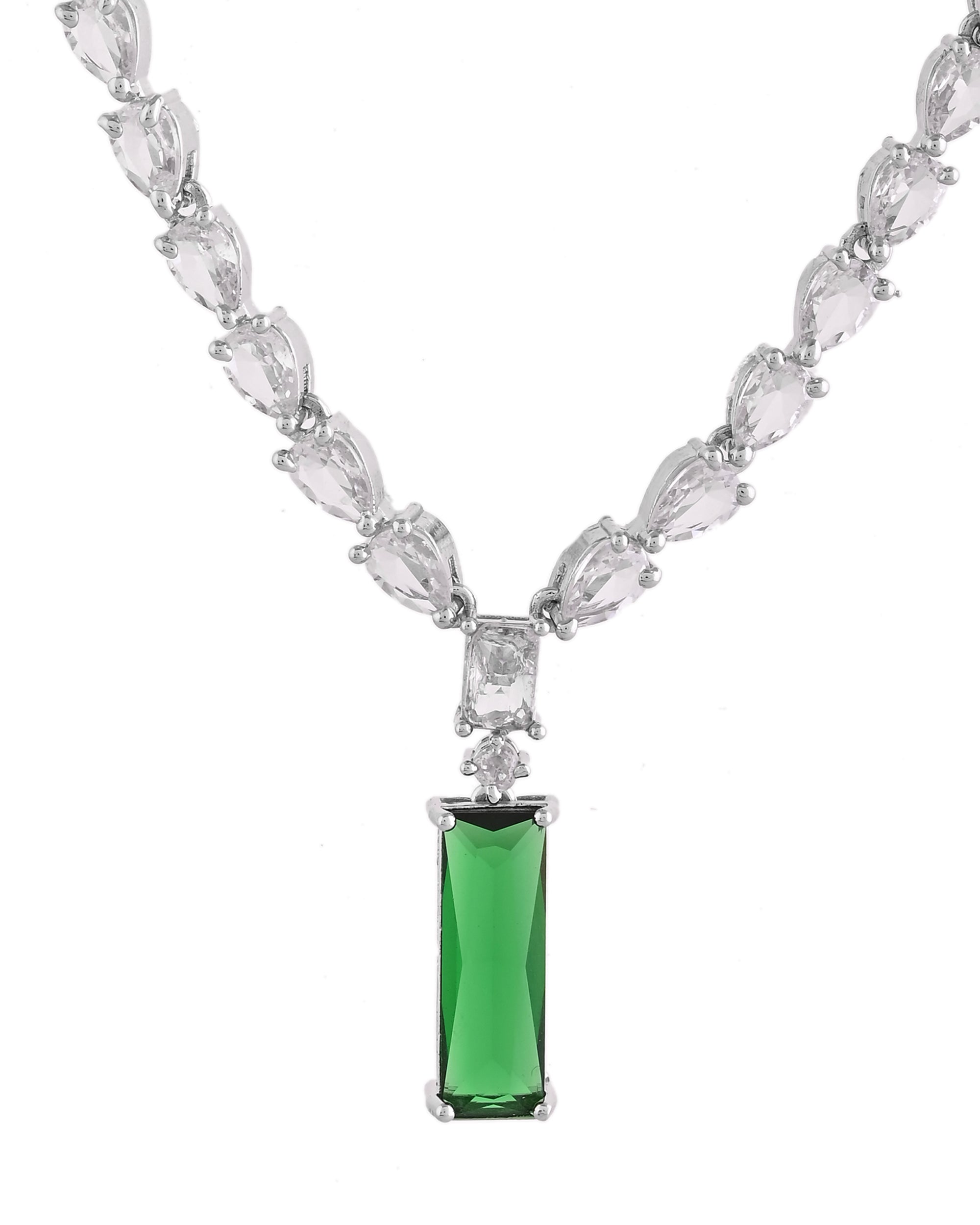 VOJ Silver Plated Green Stone Studded Necklace Set