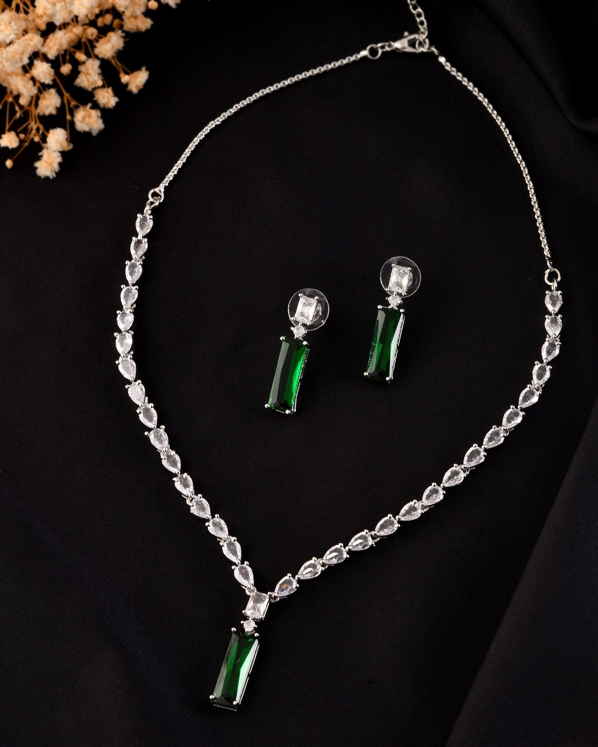 VOJ Silver Plated Green Stone Studded Necklace Set