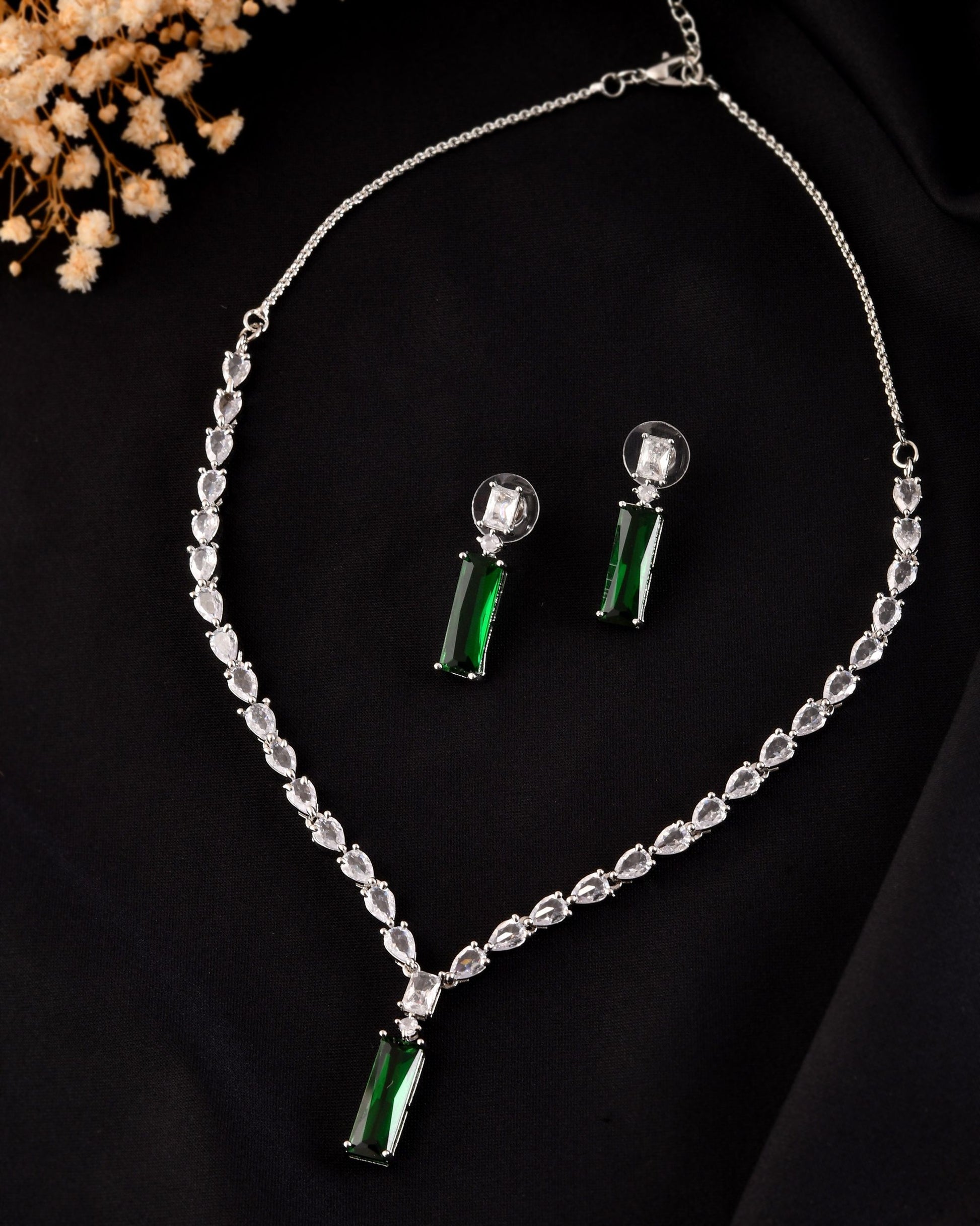VOJ Silver Plated Green Stone Studded Necklace Set - Distacart