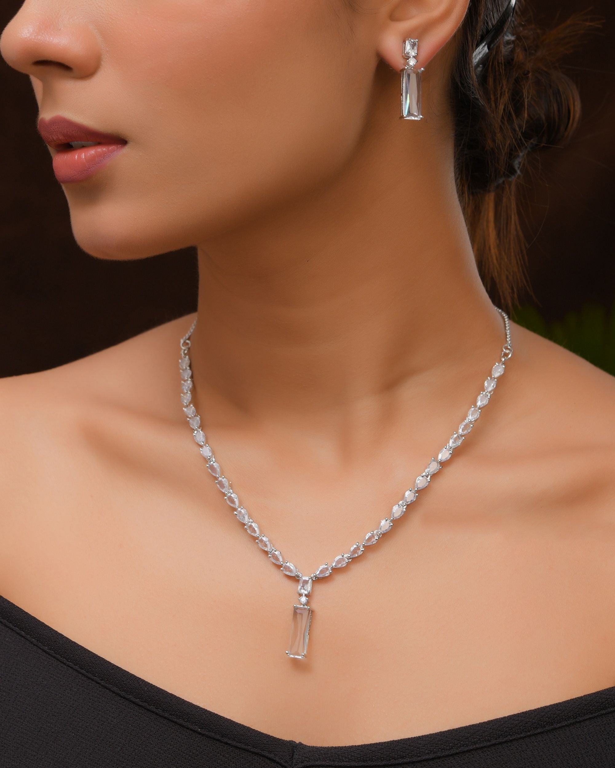 VOJ Silver Plated White Stone Studded Necklace Set