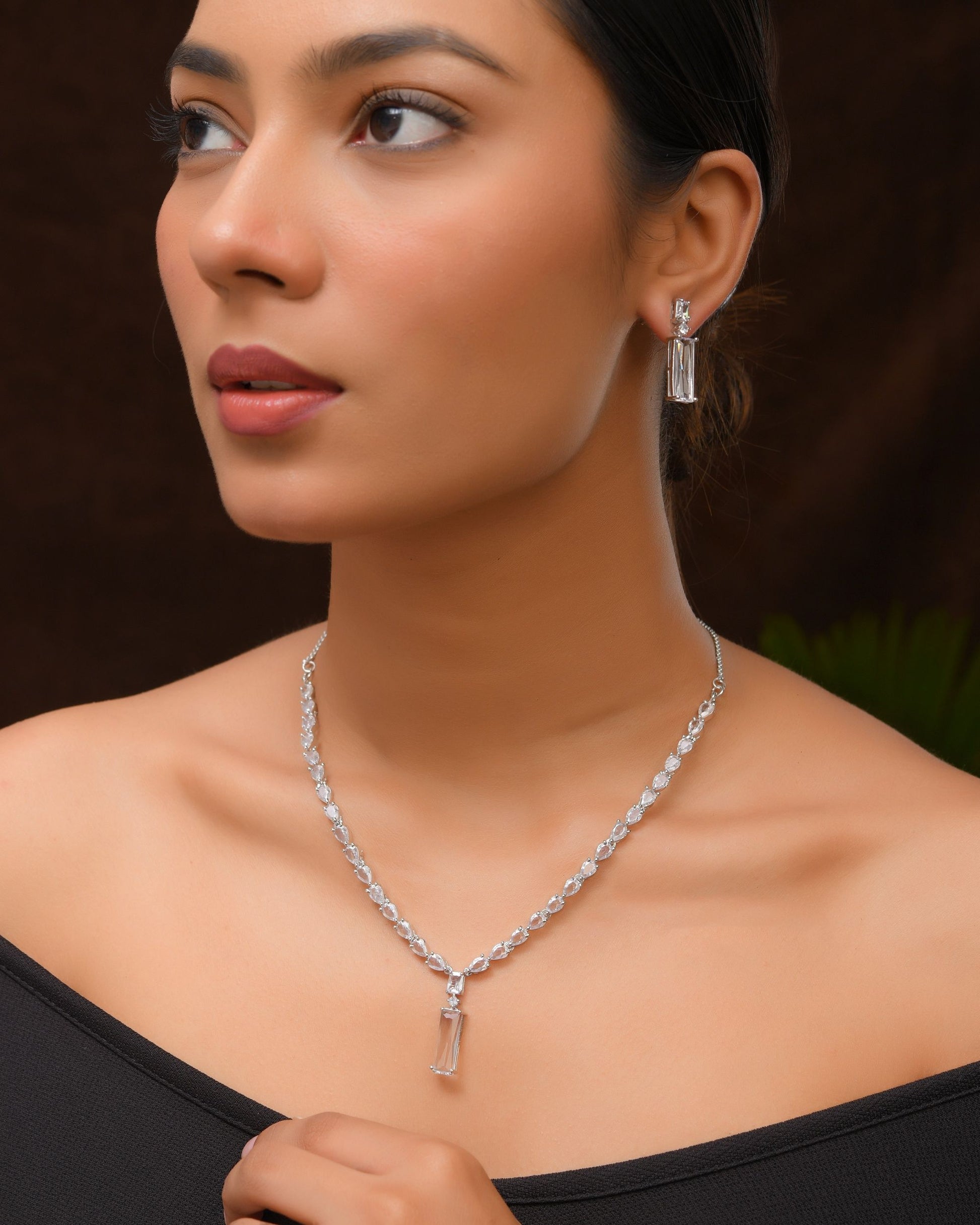 VOJ Silver Plated White Stone Studded Necklace Set - Dista
