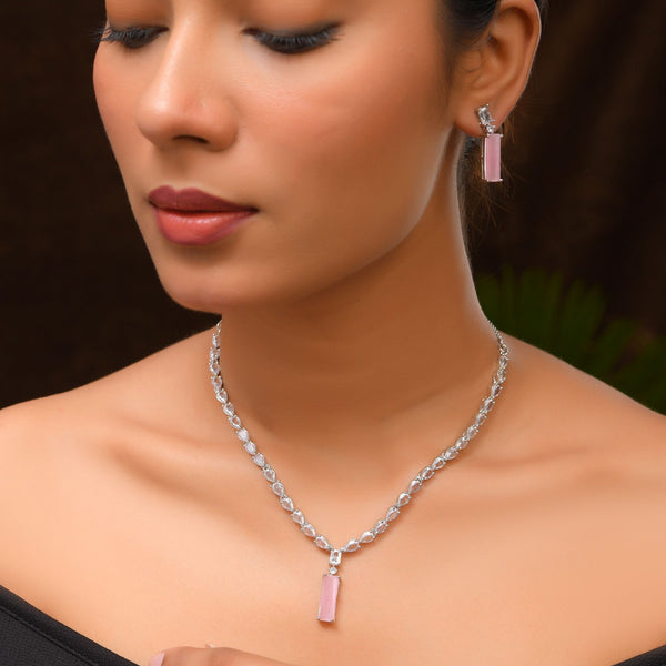 VOJ Silver Plated Baby Pink Stone Studded Necklace Set