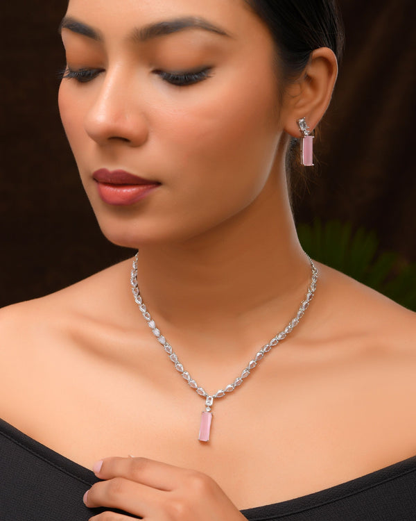 VOJ Silver Plated Baby Pink Stone Studded Necklace Set
